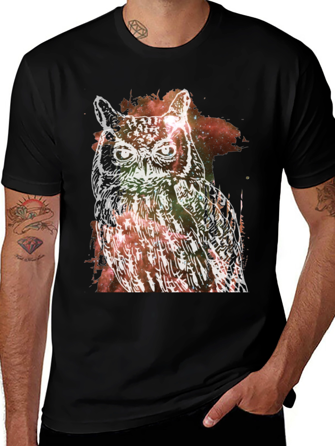 Variant 11 of Cosmic Owl Graphic Tee - Black Cotton T-Shirt