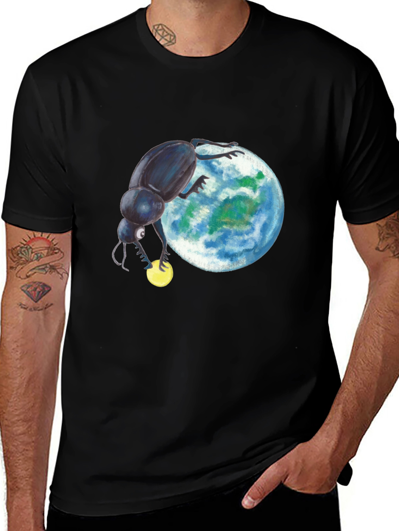 Black T-Shirt with Beetle Rolling Earth Design