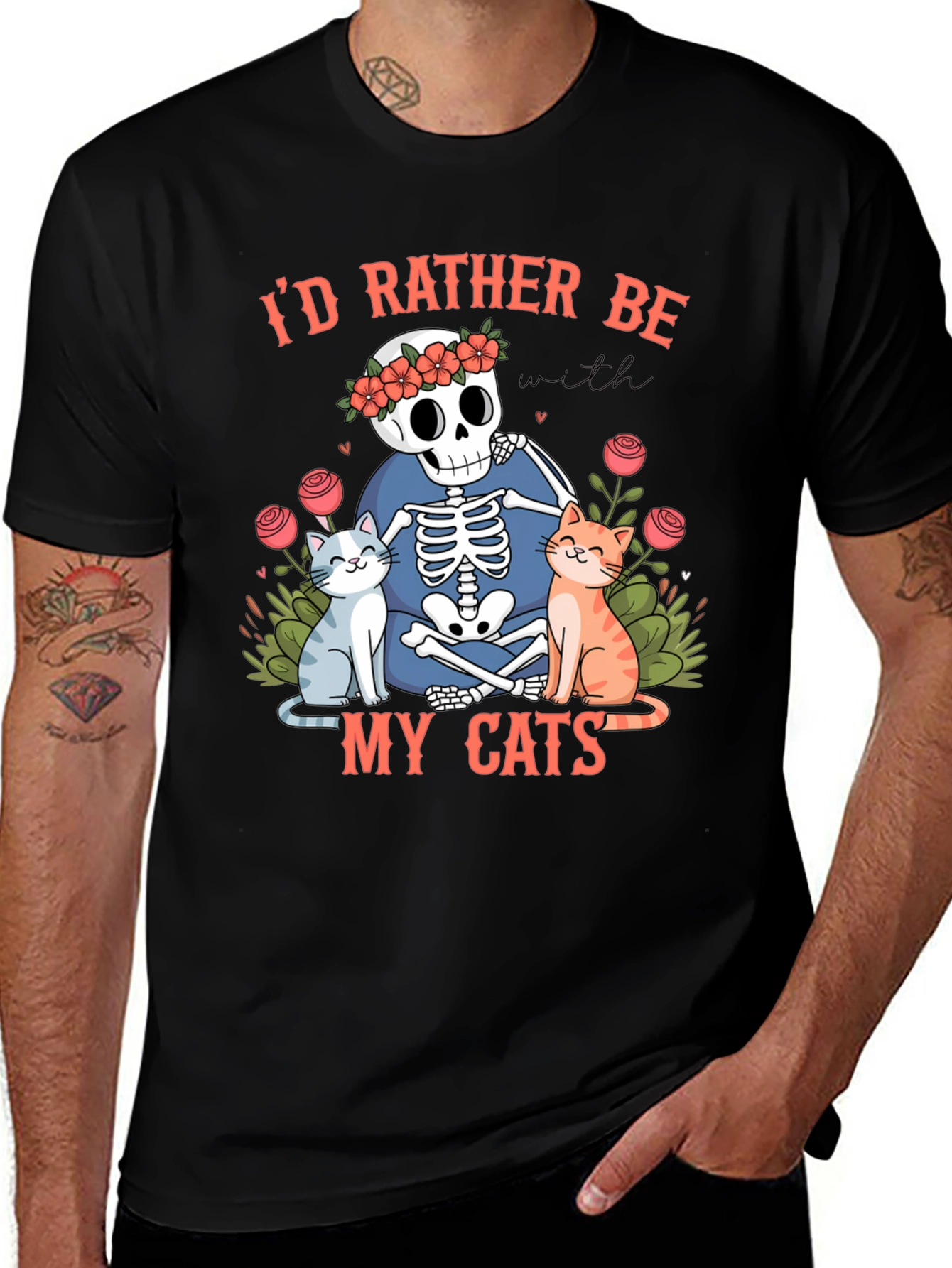 Variant 23 of Skeleton & Cats Graphic Tee - "I'd Rather Be With My Cats"