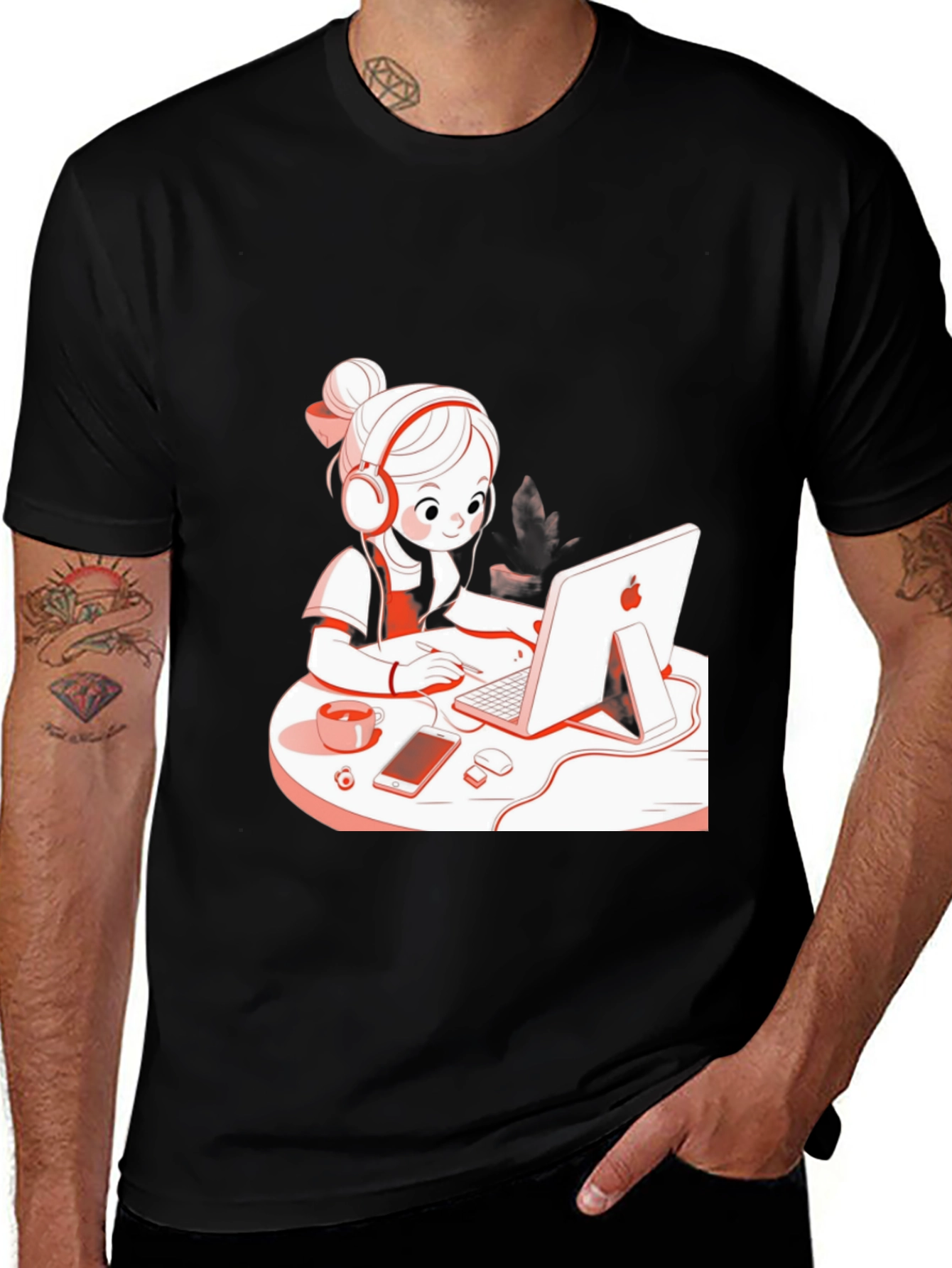 Stylish Black T-Shirt with Cute Girl at Computer Graphic
