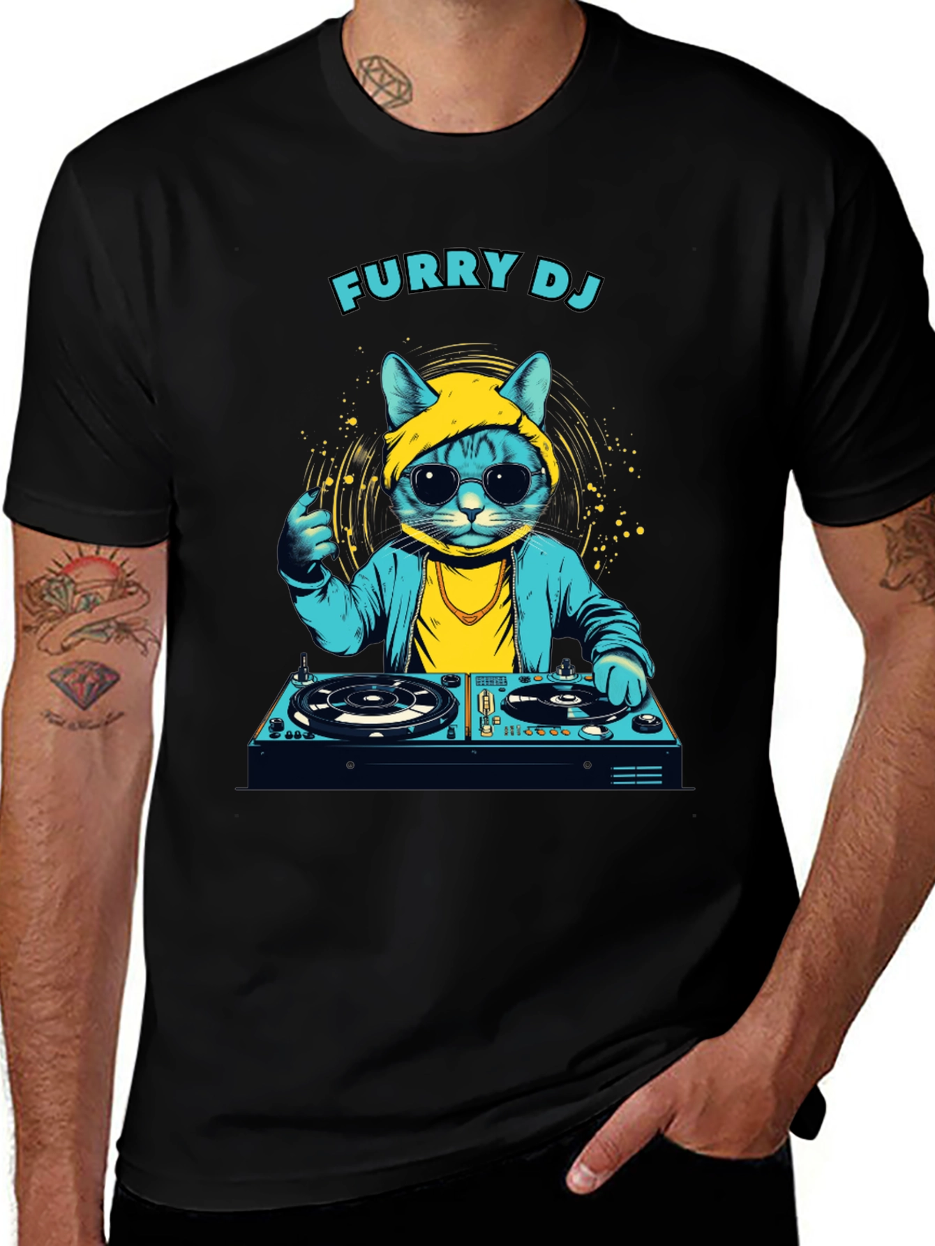 Furry DJ Cat T-Shirt - Cool Graphic Tee