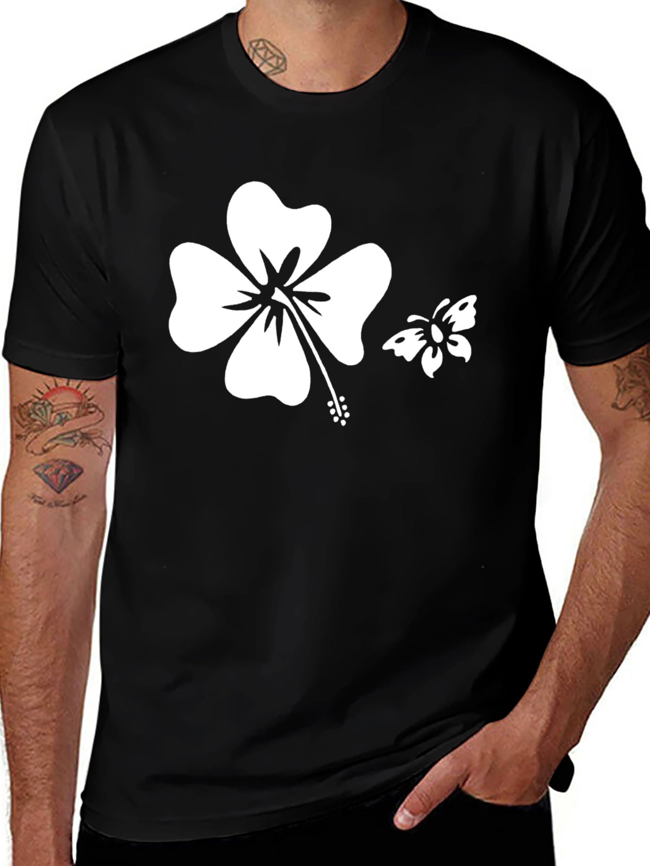 Variant 14 of Black T-Shirt with Hibiscus and Butterfly Graphic