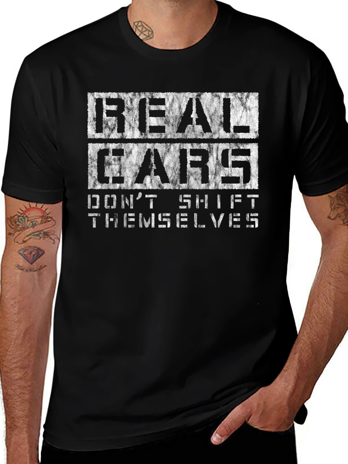 Variant 29 of Real Cars Don't Shift Themselves Black Tee