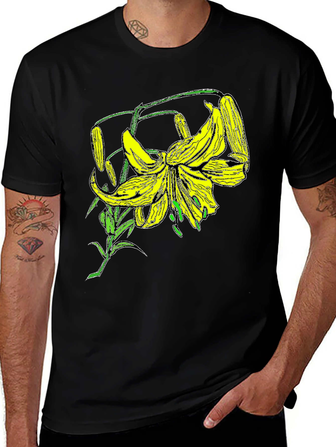 Variant 26 of Floral Lily Graphic Tee - Black Cotton T-Shirt