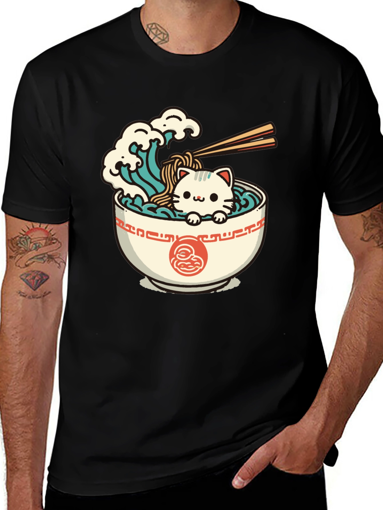 Variant 4 of Cute Ramen Cat Graphic Tee - Unisex Black T-Shirt