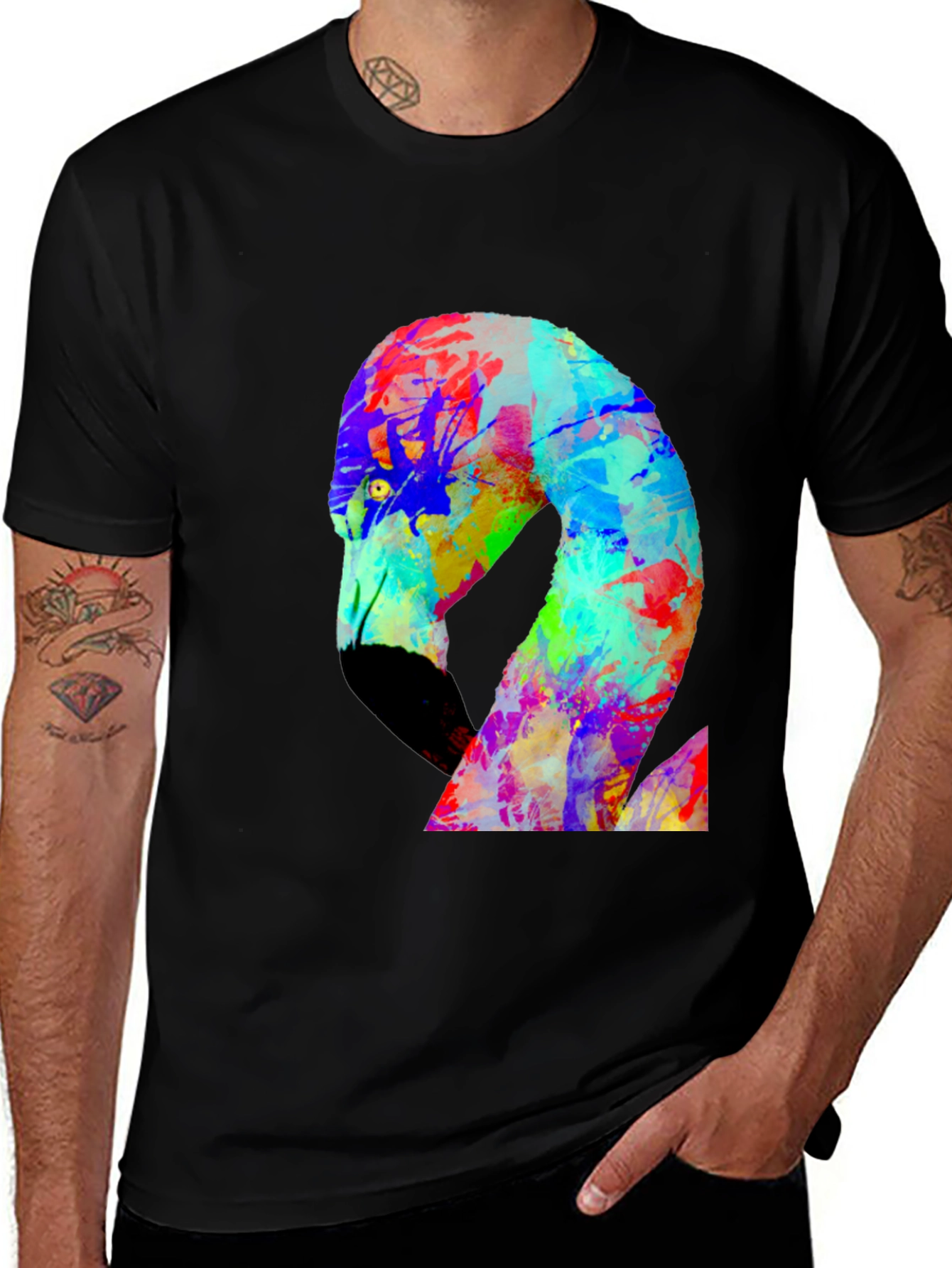 Variant 6 of Colorful Flamingo Graphic Black Tee Shirt