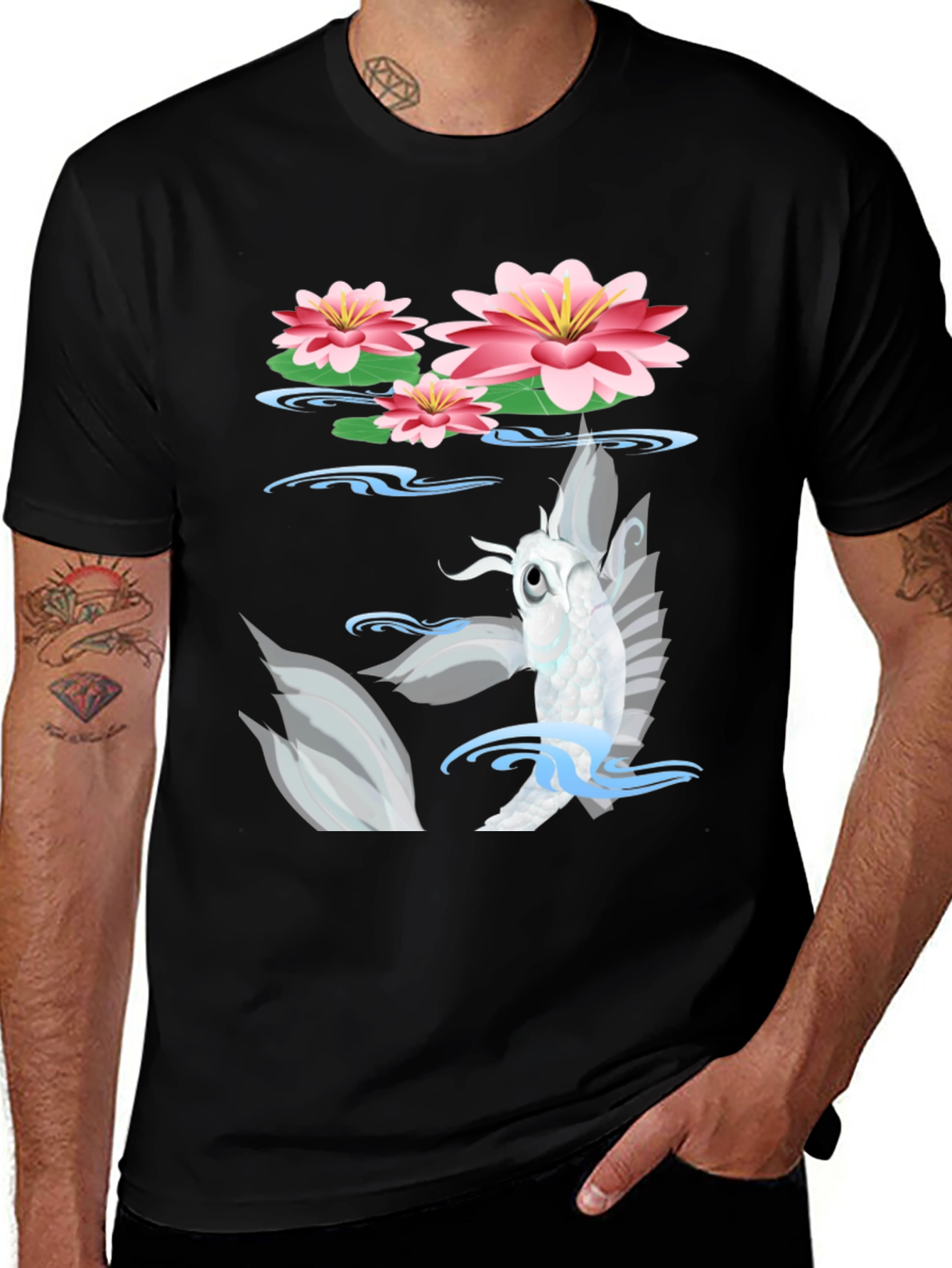 Variant 17 of Koi Fish & Lotus Flower Graphic Tee - Black