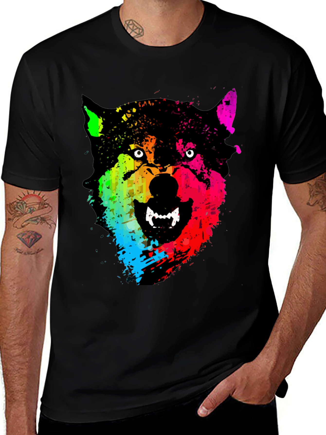 Variant 9 of Rainbow Wolf Graphic T-Shirt - Men's Black Tee