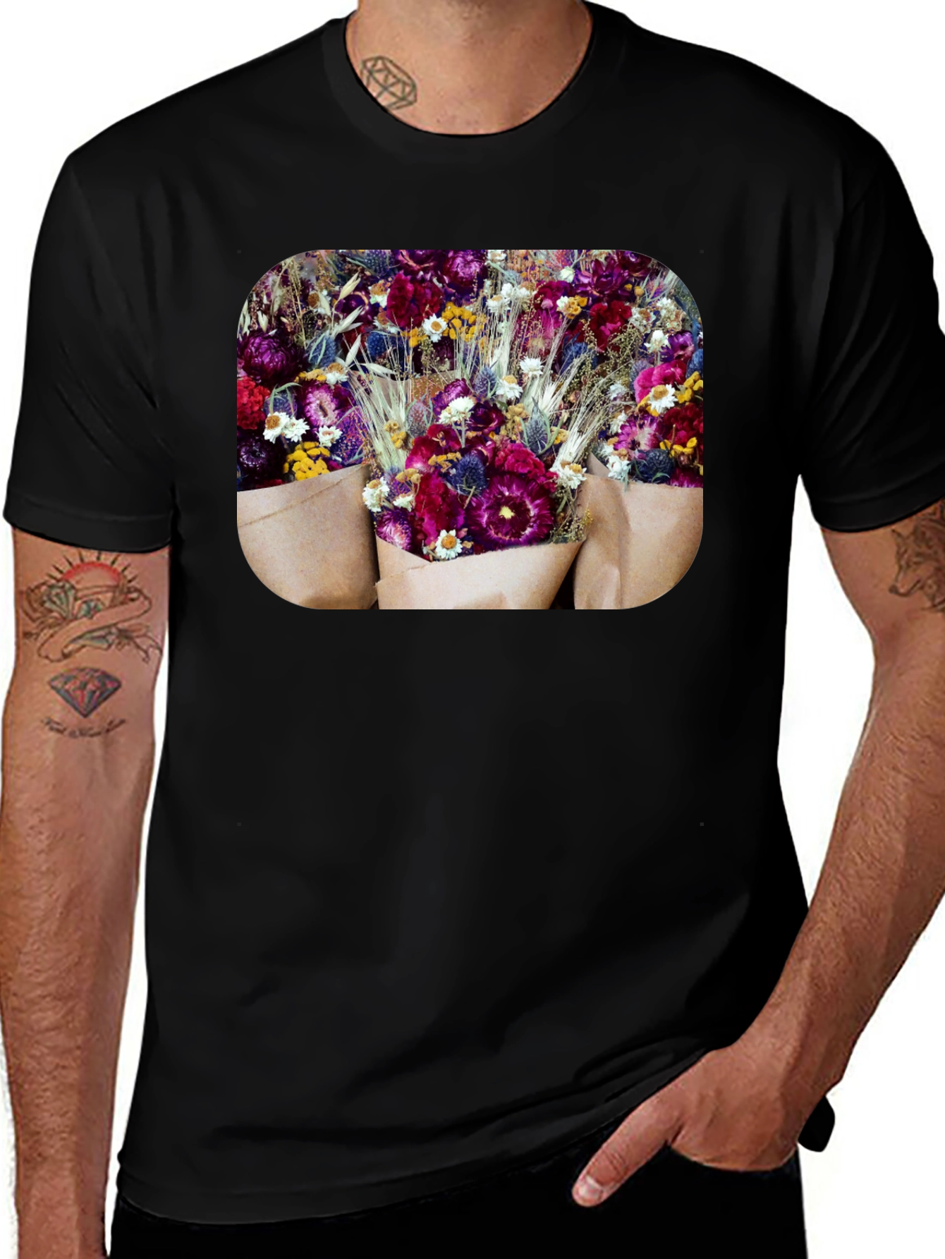 Black Floral Bouquet Graphic Print Black T-Shirt main image