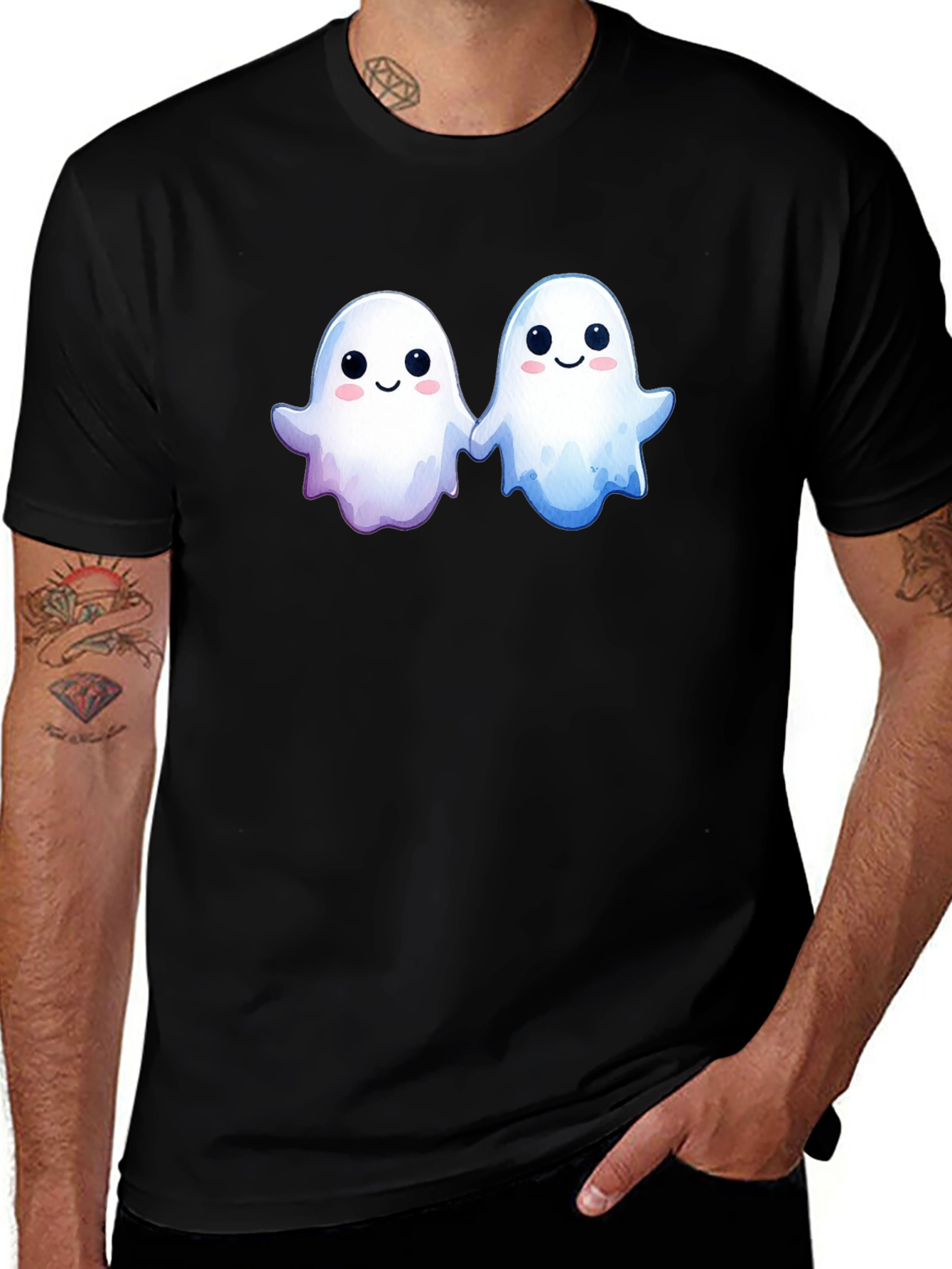 Variant 4 of Cute Ghost Friends Graphic Tee - Black Cotton T-Shirt