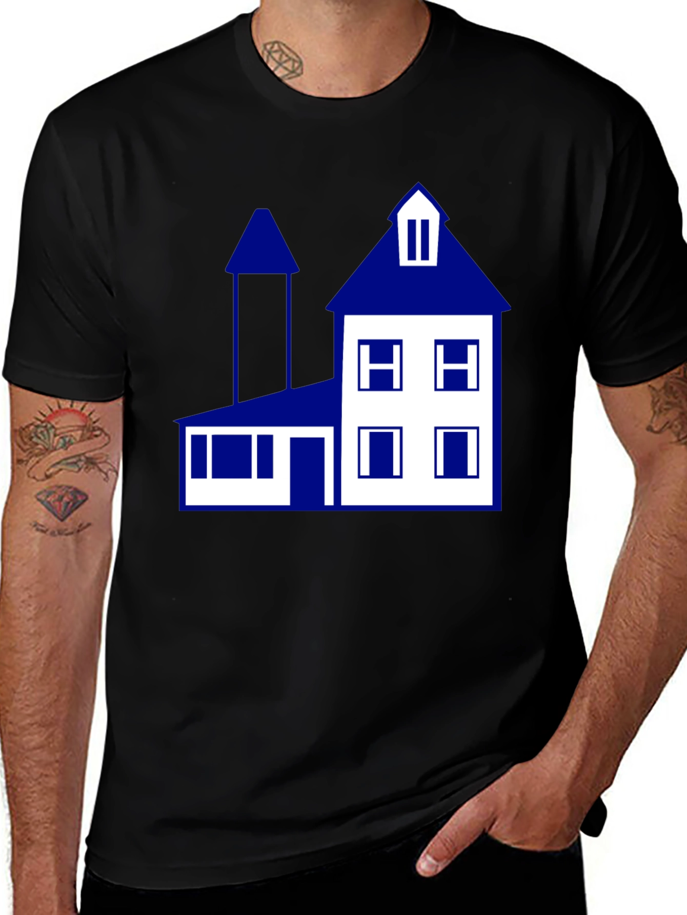 Variant 13 of Modern House Graphic Tee - Black Cotton Blend Casual T-Shirt