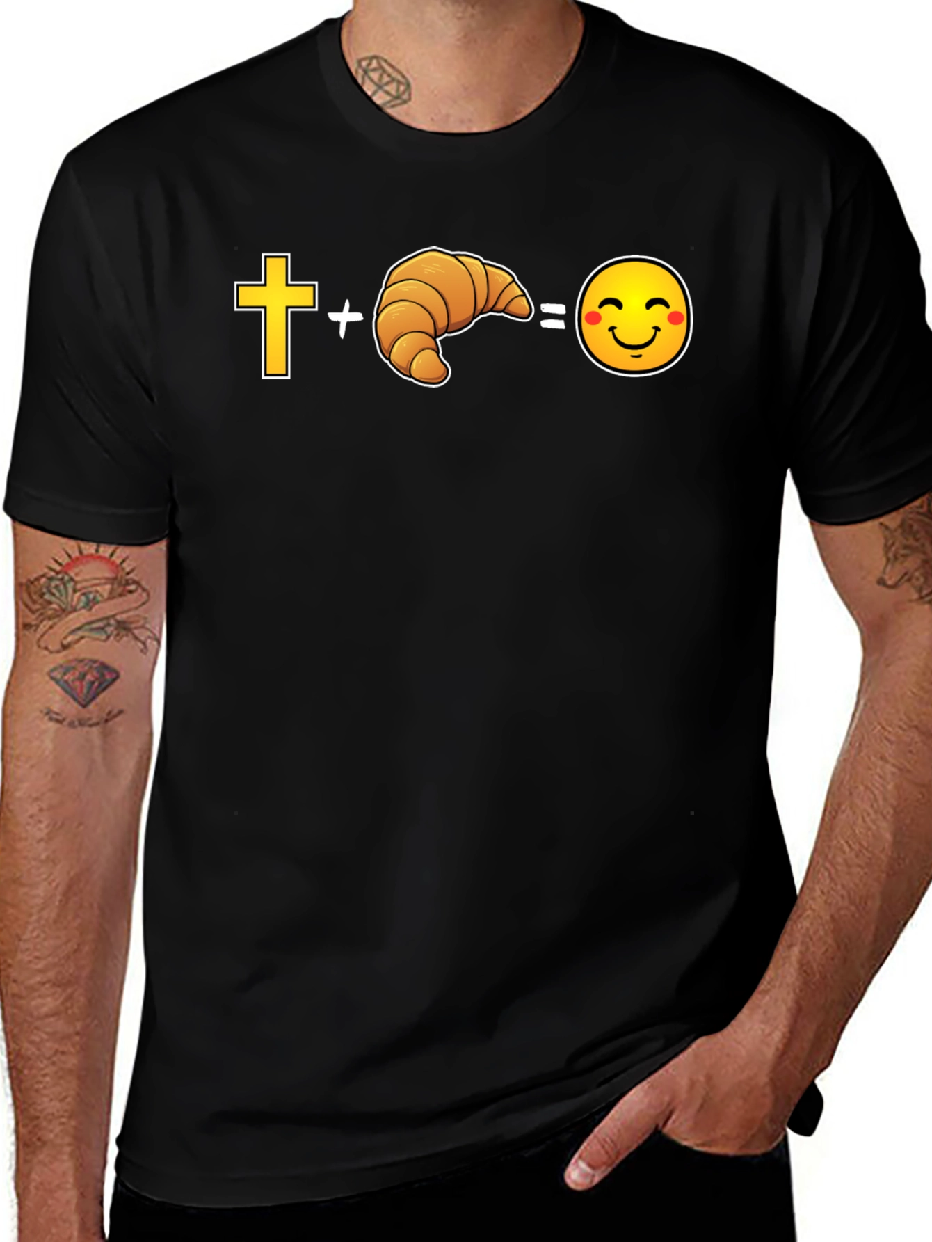 Variant 23 of Cross Plus Croissant Equals Happy Face Graphic Tee