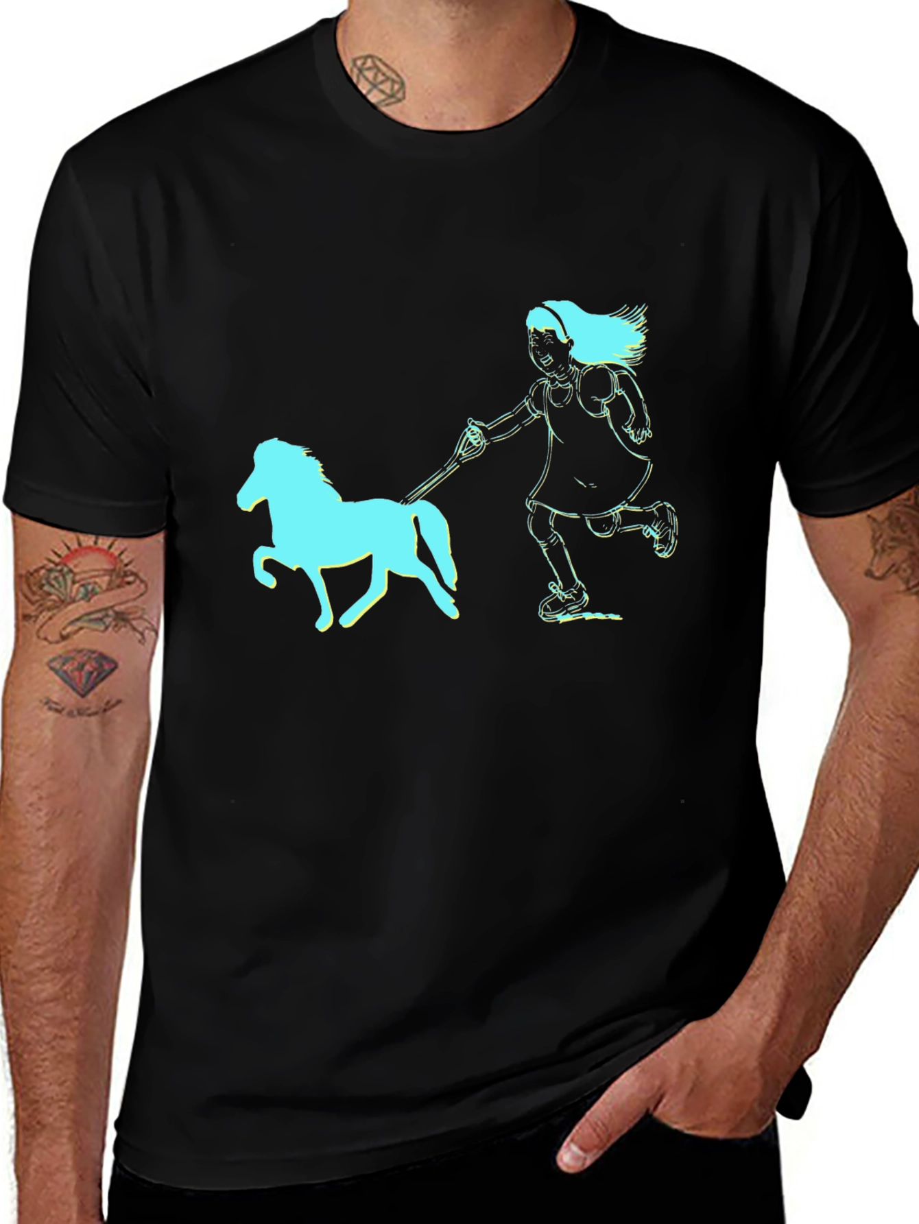 Variant 30 of Black T-Shirt with Girl and Pony Graphic