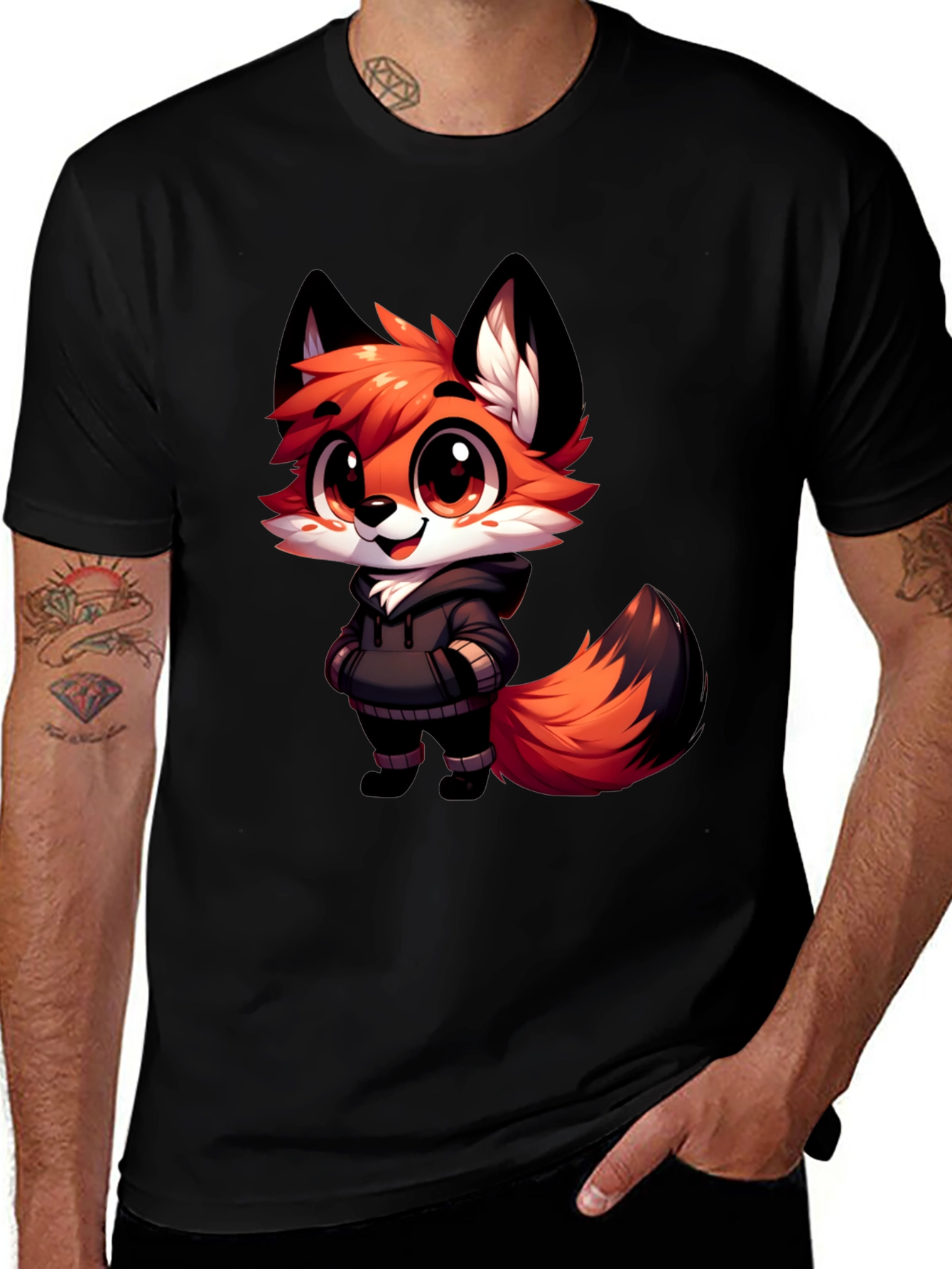 Variant 19 of Cartoon Fox Graphic Black T-Shirt