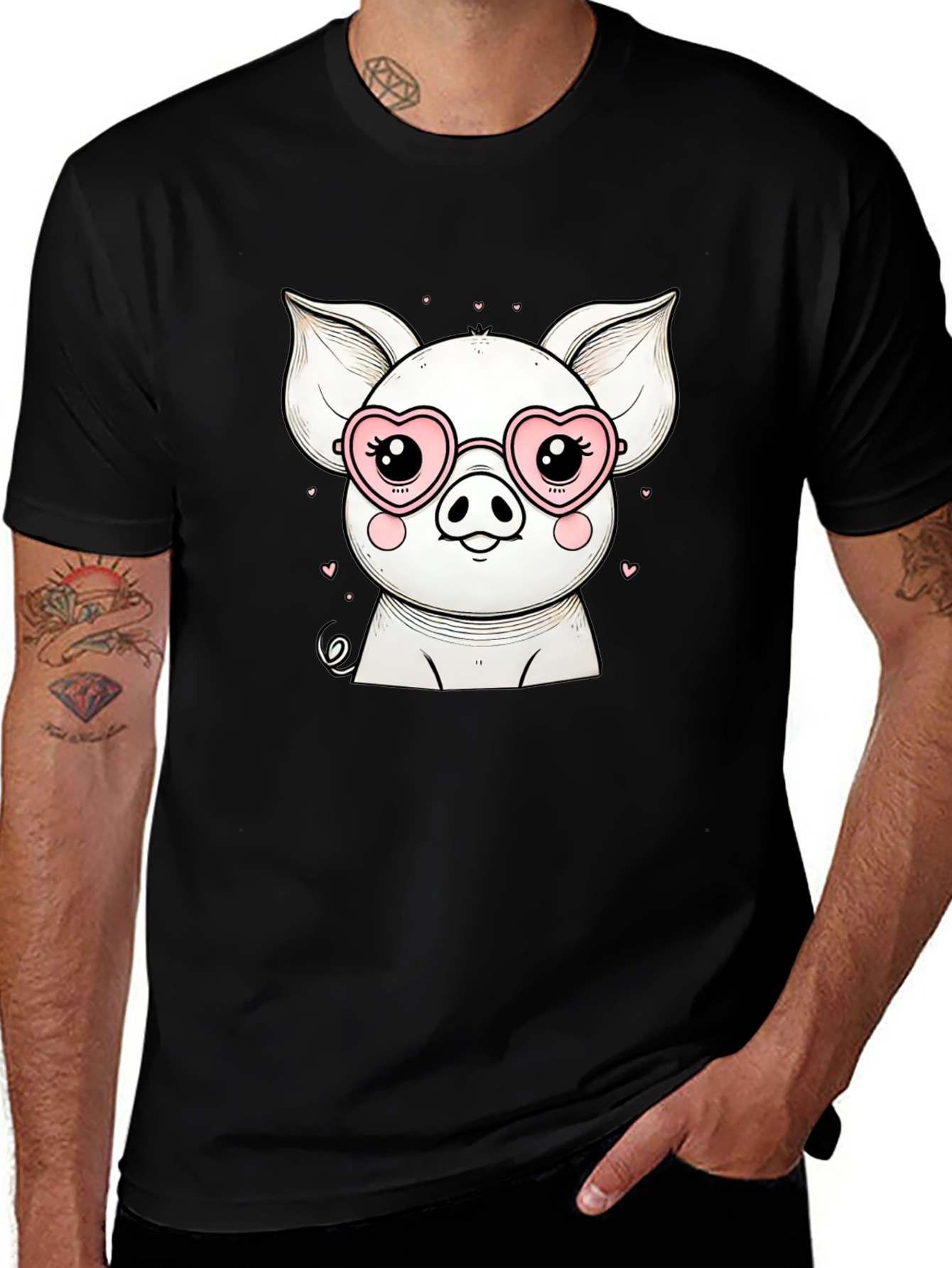 Variant 7 of Pig With Heart Glasses Black T-Shirt