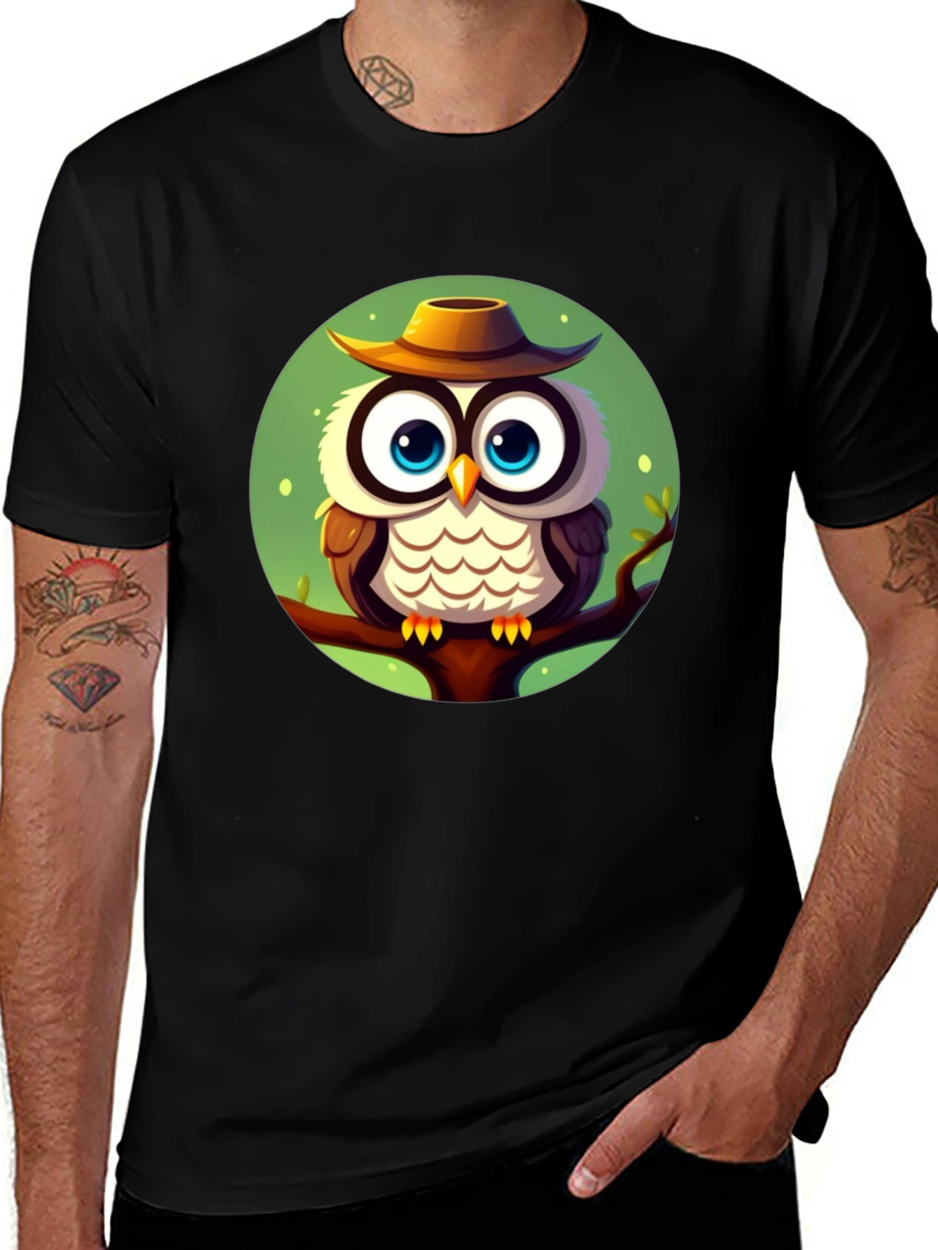 Variant 21 of Owl with Hat Graphic Tee - Men's Black T-Shirt