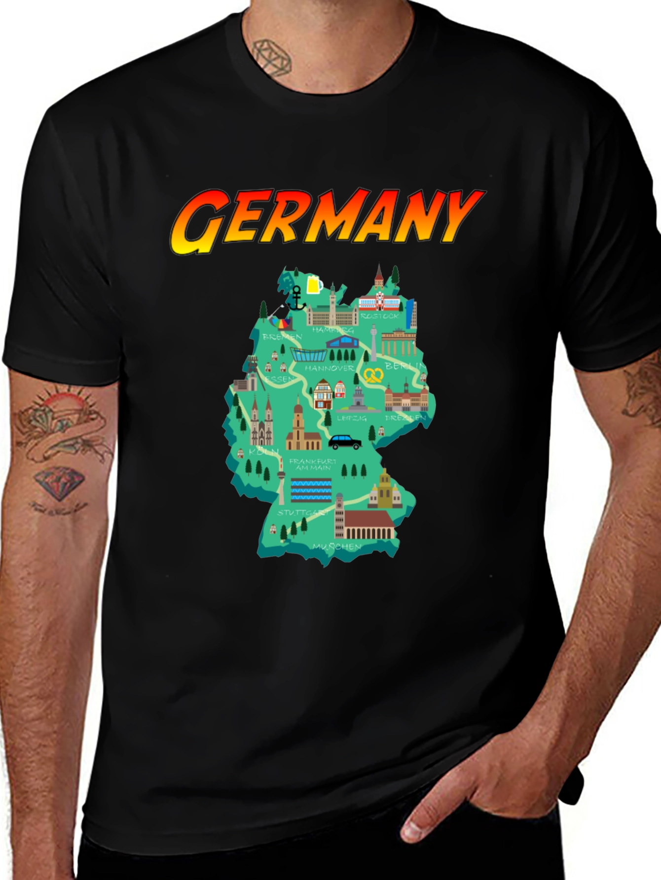 Germany Map T-Shirt - Landmarks & Cities