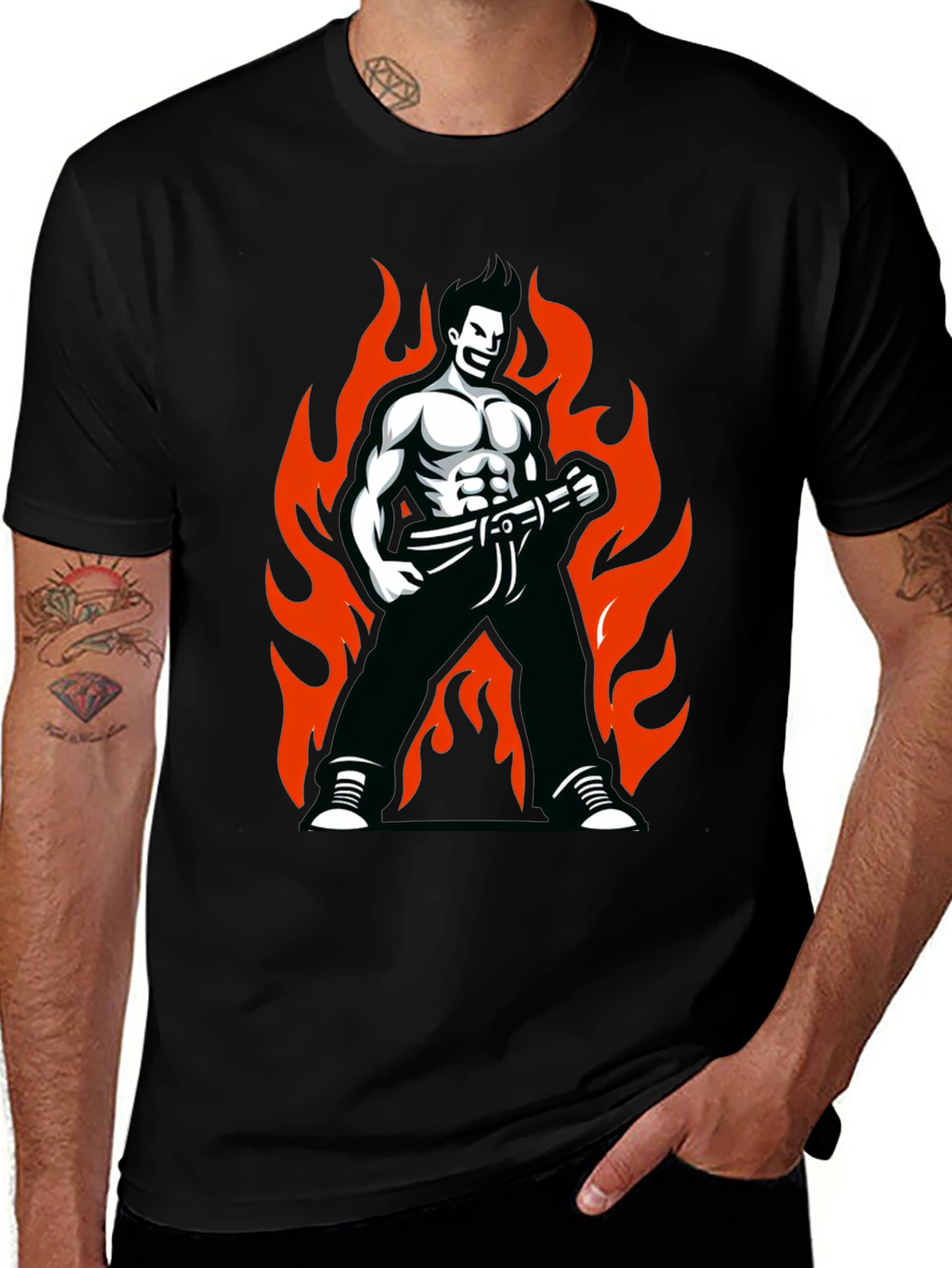 Variant 7 of Flame Fighter Graphic Tee - Black Cotton Blend Shirt