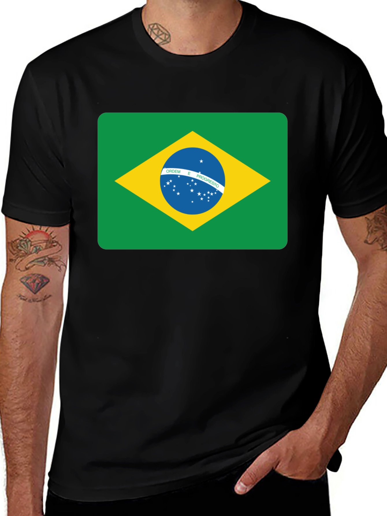 Brazil Flag T-Shirt - Black Crew Neck Tee