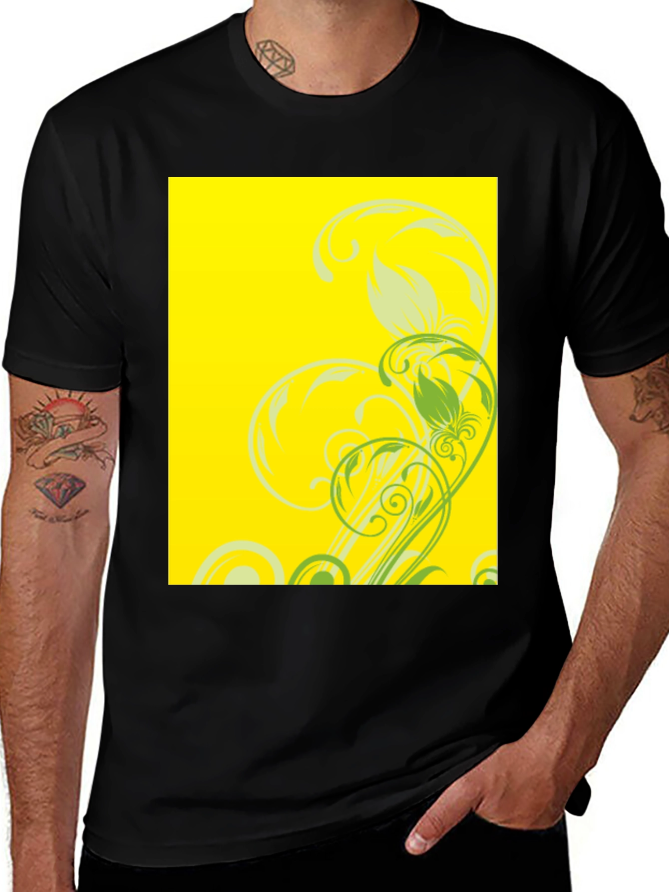 Variant 18 of Black Tee with Floral Yellow Graphic Print