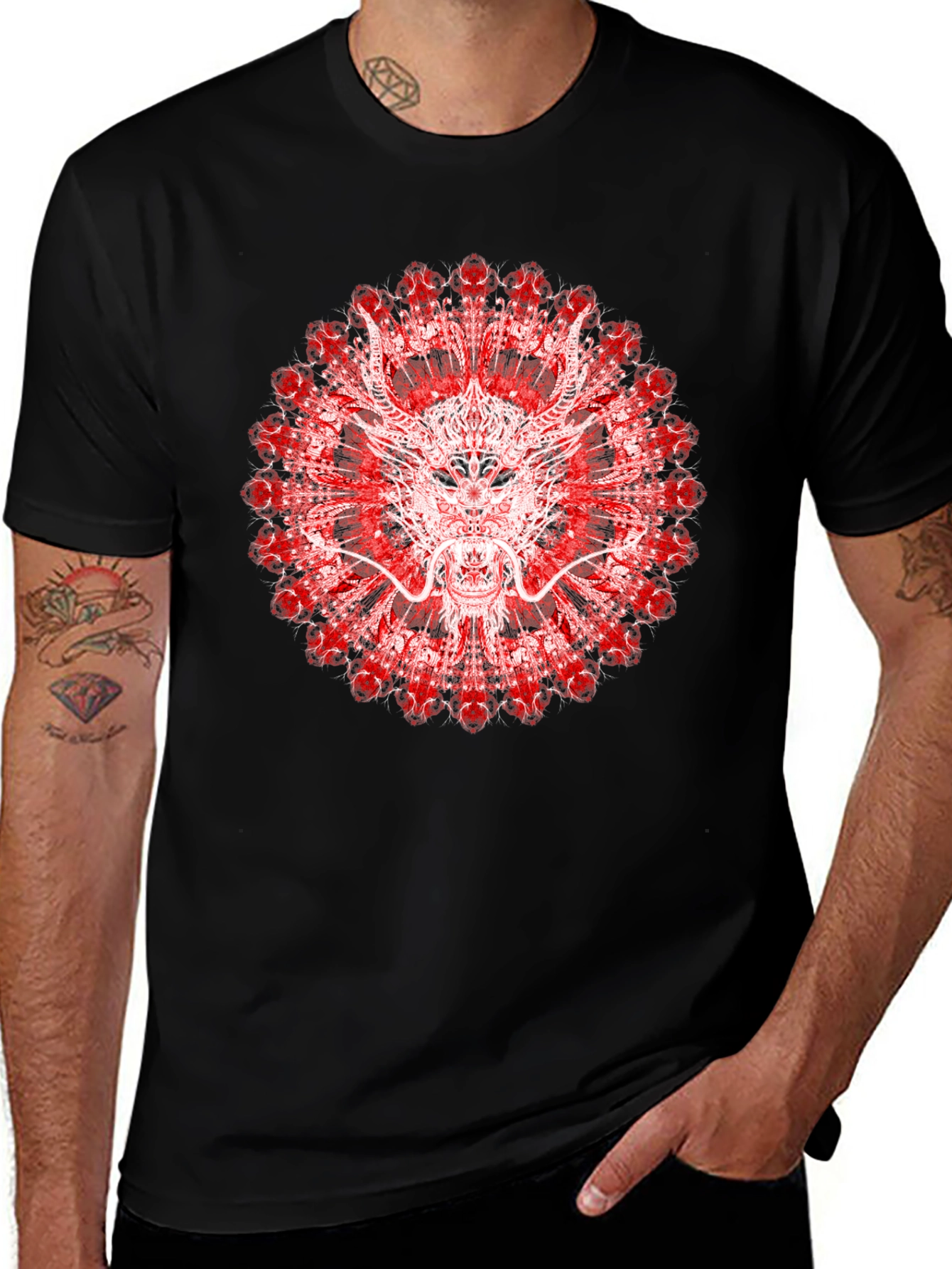 Variant 5 of Dragon Mandala Graphic Tee - Unique Red & White Design