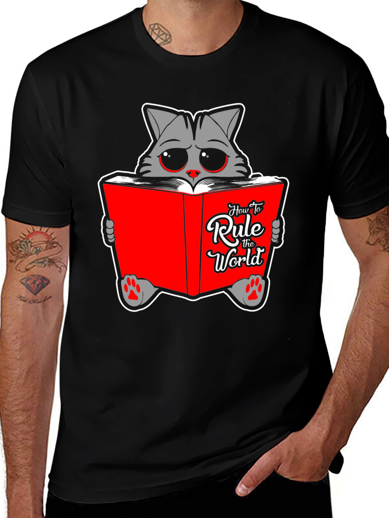 Variant 26 of Cat Reading "How To Rule The World" Black T-Shirt