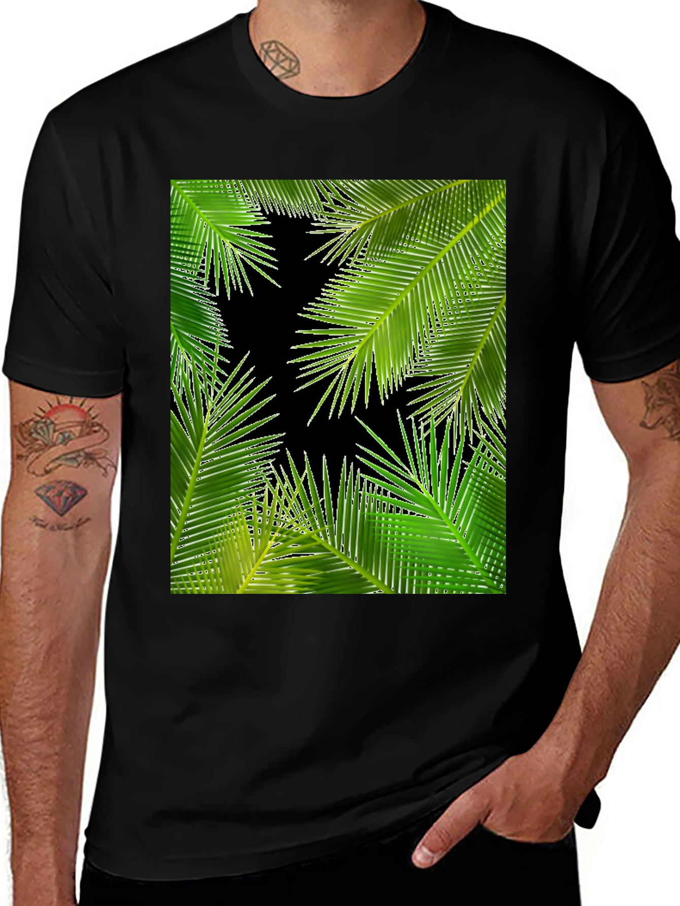 Variant 9 of Tropical Palm Leaf Print Black T-Shirt