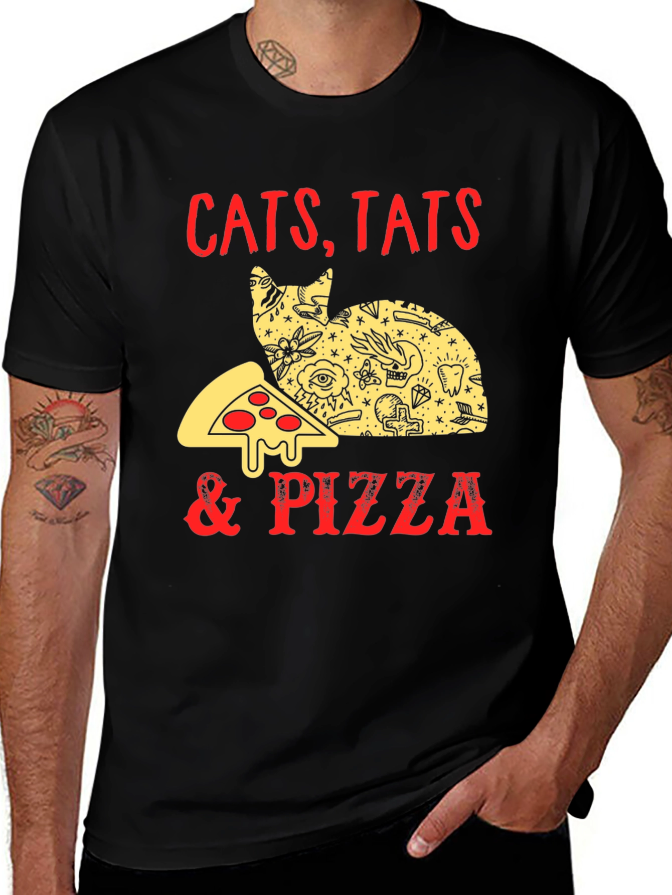 Variant 21 of Cats Tats & Pizza Funny Graphic T-Shirt