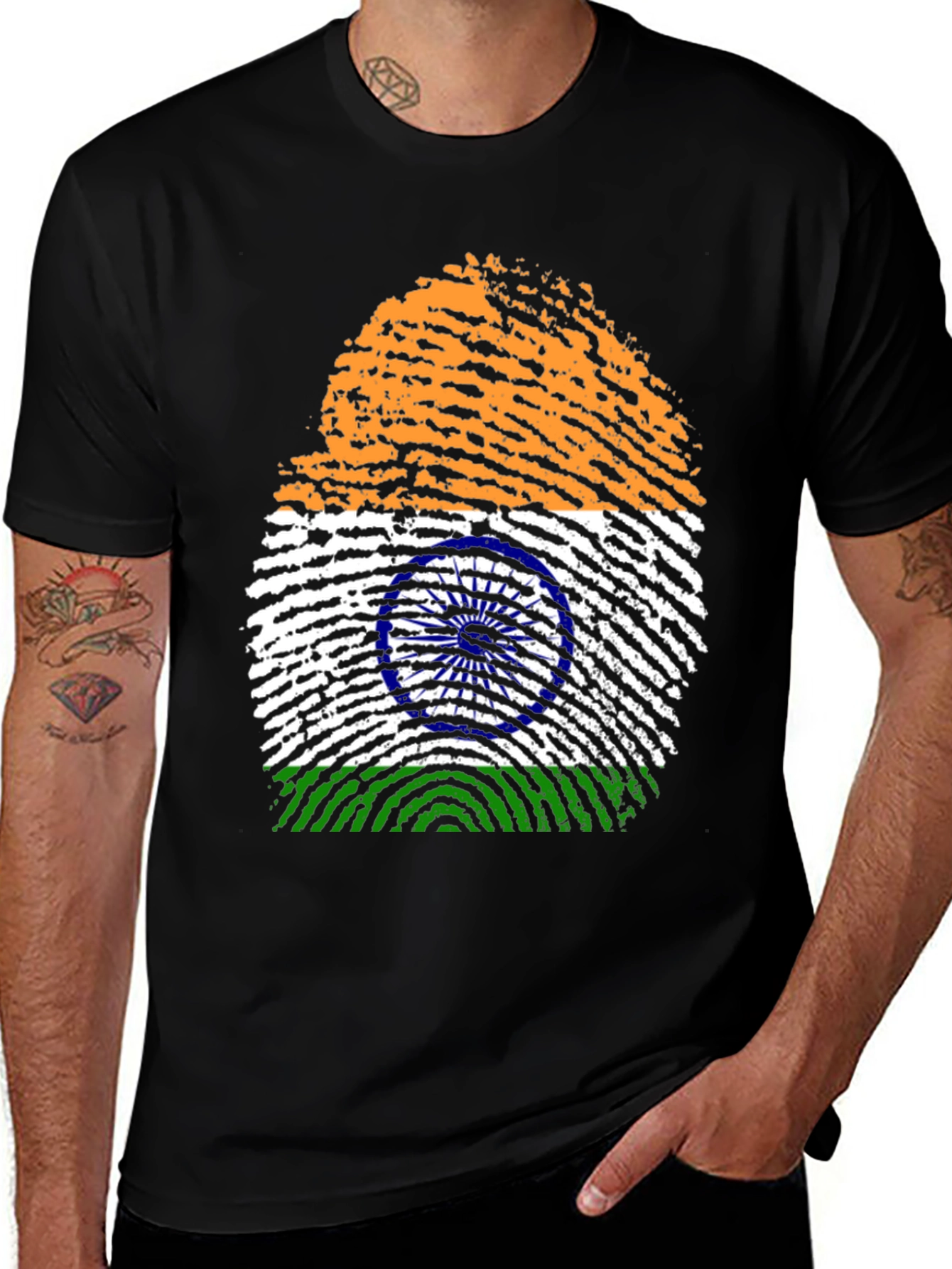 India Flag Fingerprint Graphic Tee - Black Cotton Shirt