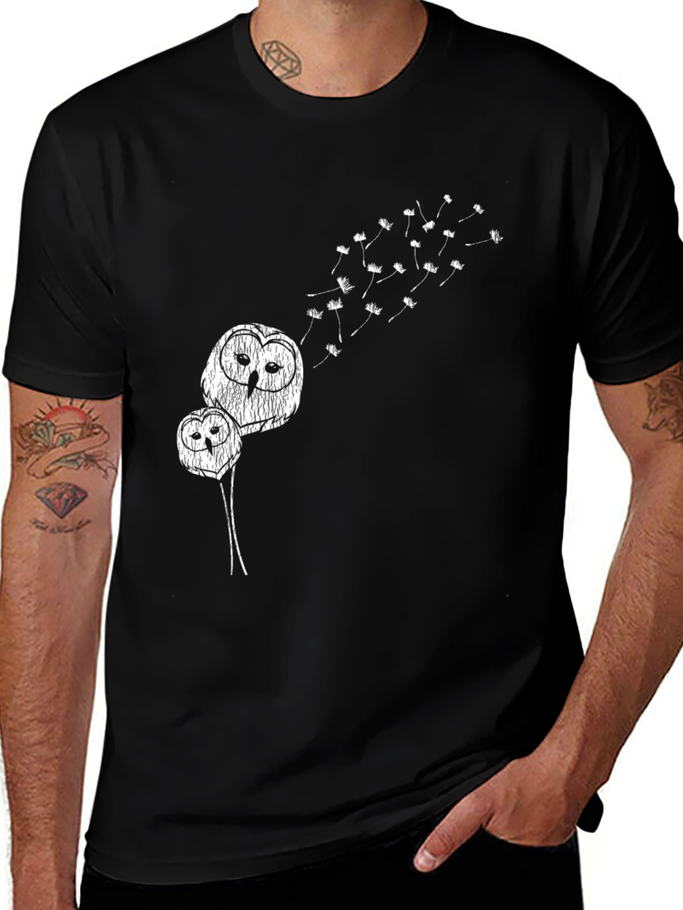 Variant 24 of Owl Dandelion Wish T-Shirt - Black Cotton Blend Casual Tee