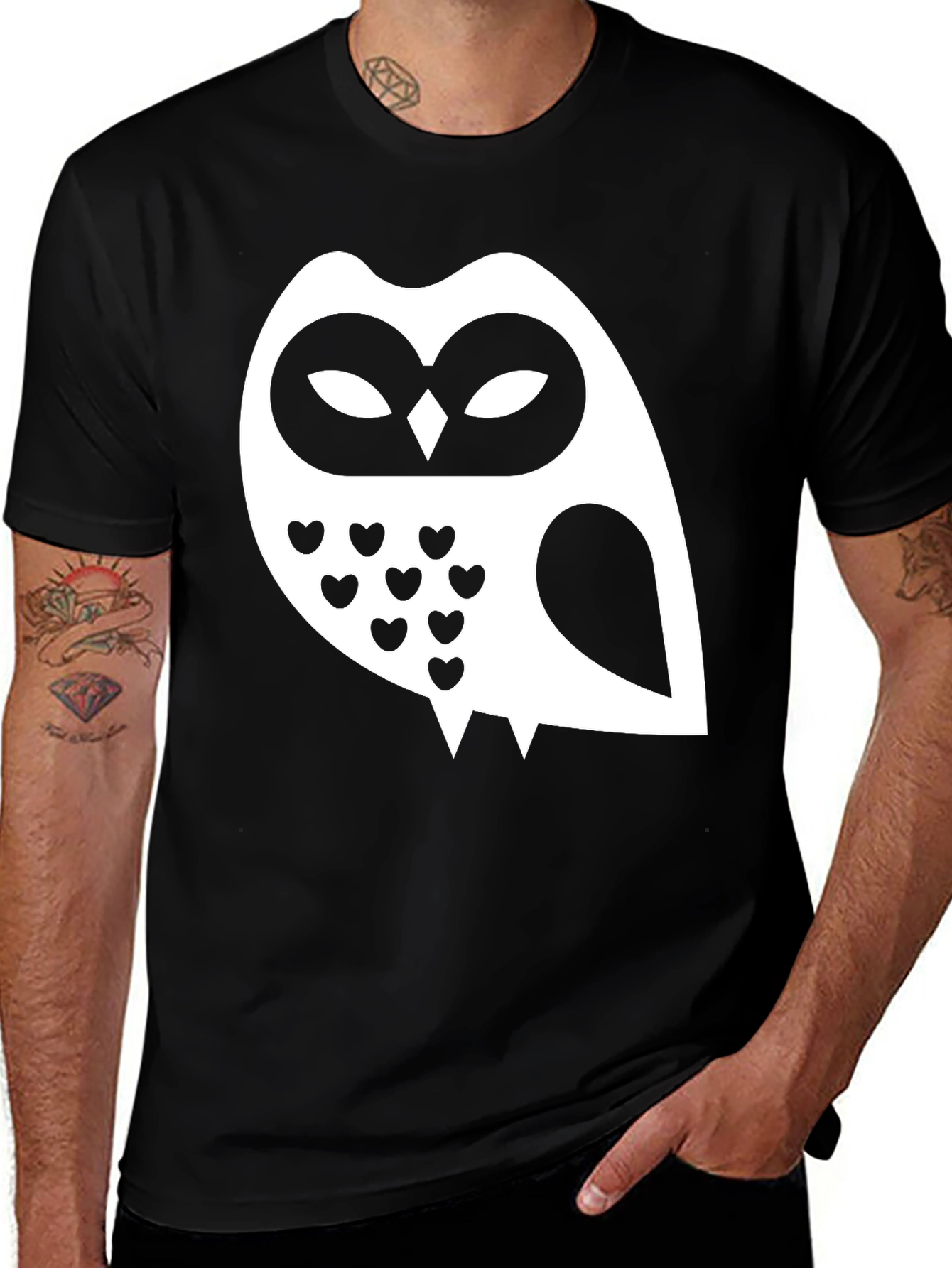 Variant 21 of Owl Graphic Black Tee - Cute Heart Design