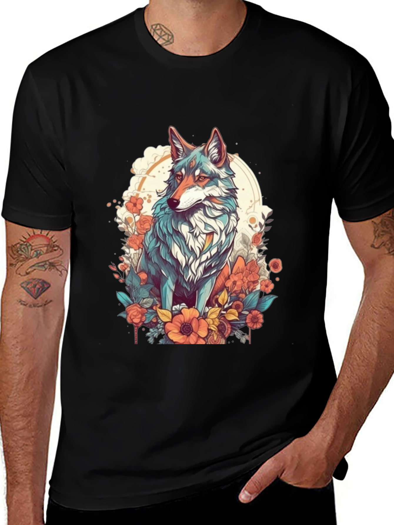 Variant 26 of Wolf & Floral Print Tee - Unique Graphic T-Shirt