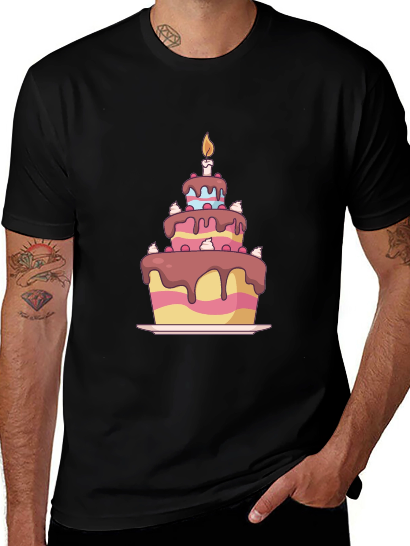 Variant 16 of Birthday Cake Graphic Tee - Black Cotton T-Shirt