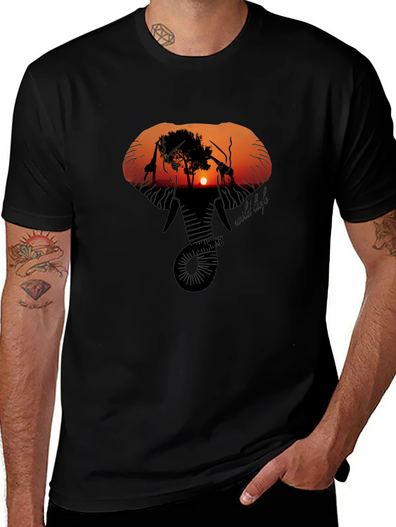 Variant 21 of Wildlife Sunset Graphic Tee - Black Cotton T-Shirt