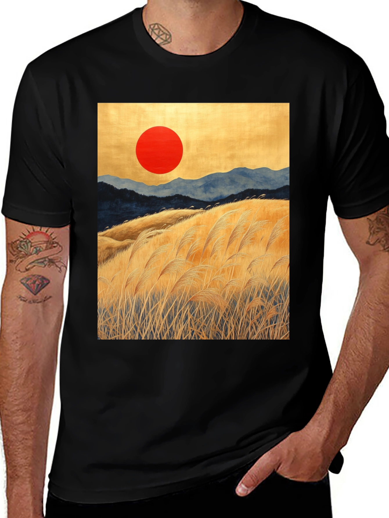 Variant 29 of Sunrise Meadow Graphic Tee - Stylish Black T-Shirt