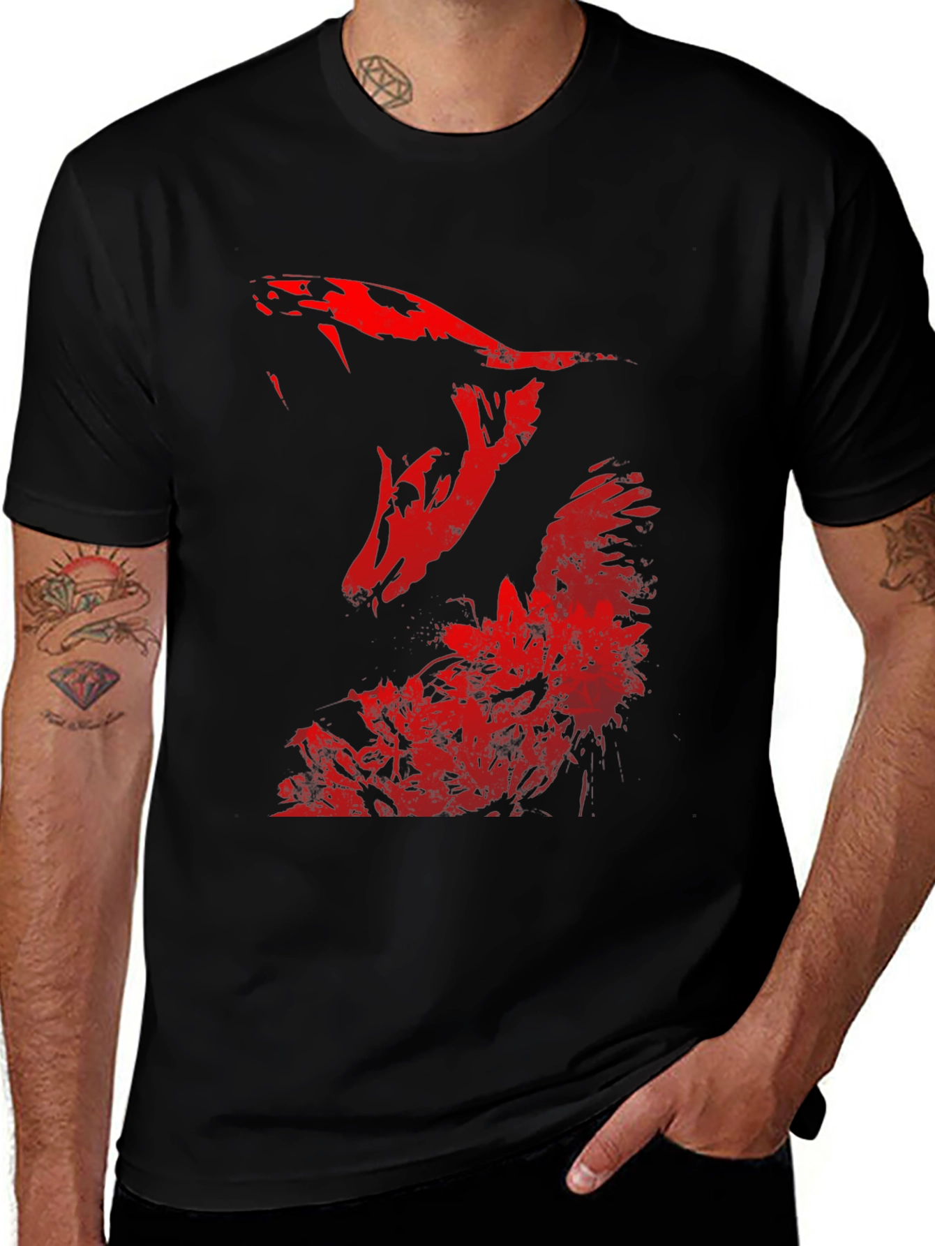 Men's Black T-Shirt with Red Wolf Graphic