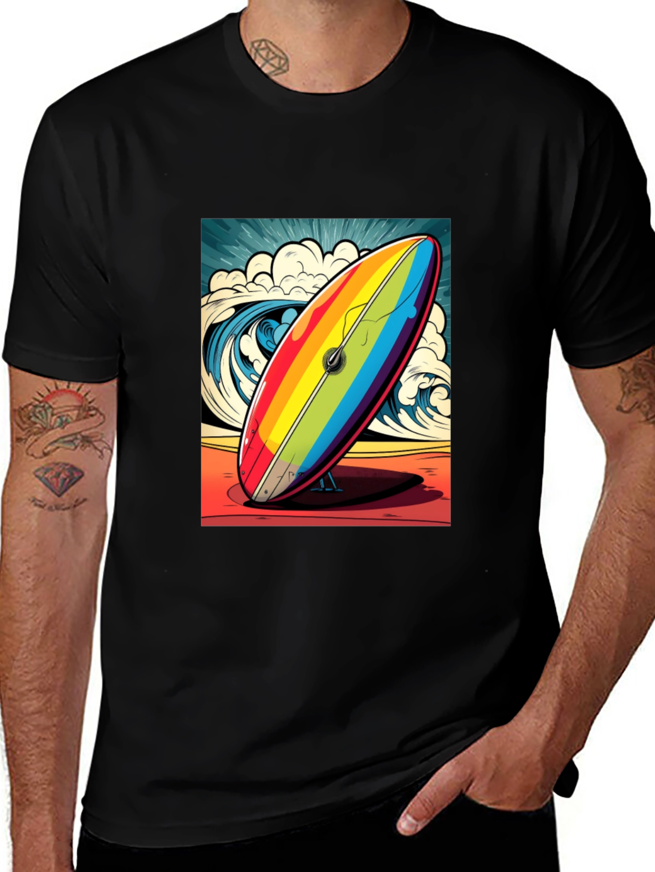 Variant 10 of Rainbow Surfboard Graphic Tee - Beach Vibes