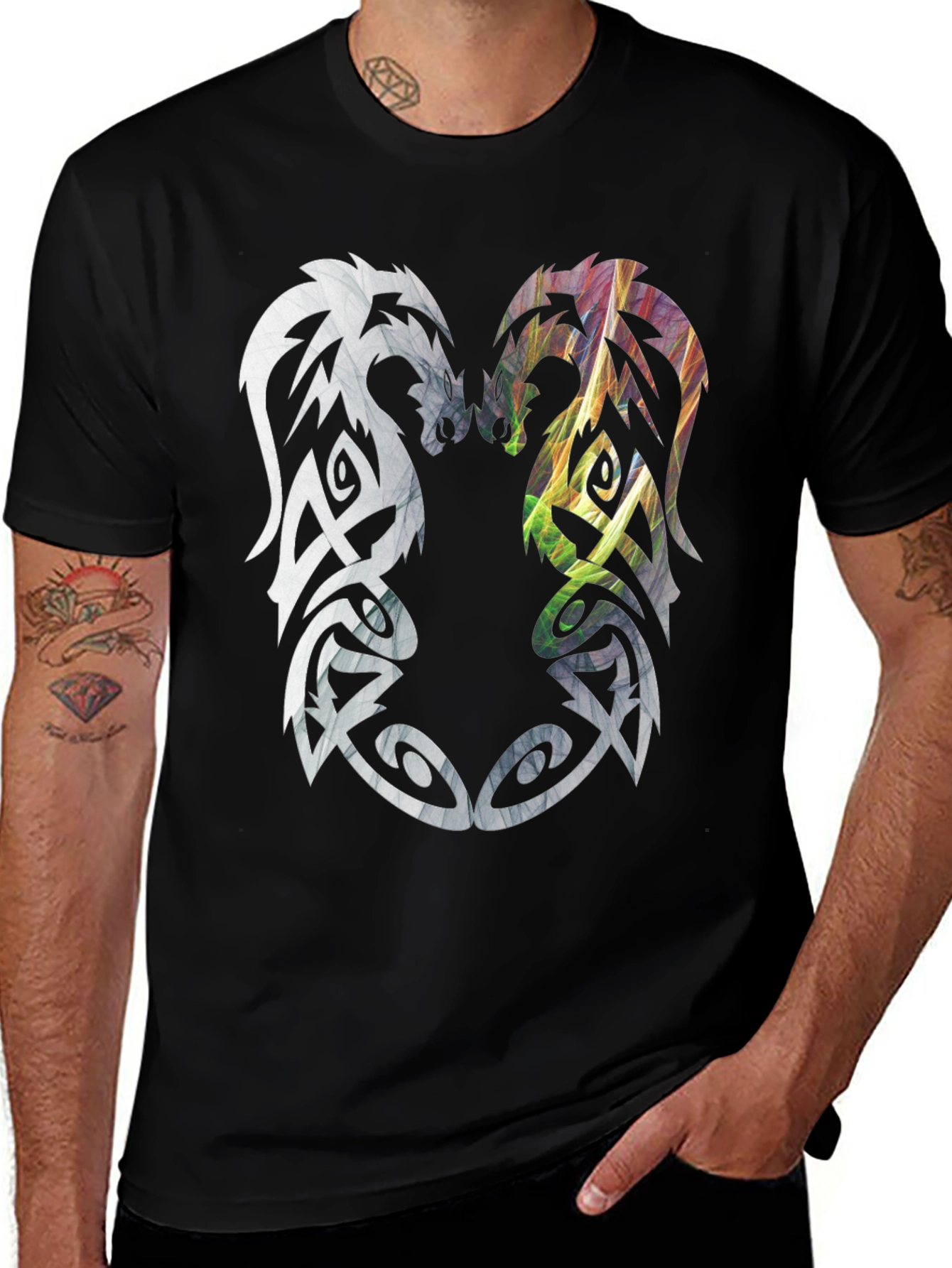 Variant 5 of Yin Yang Dragon Graphic Tee - Black Cotton T-Shirt