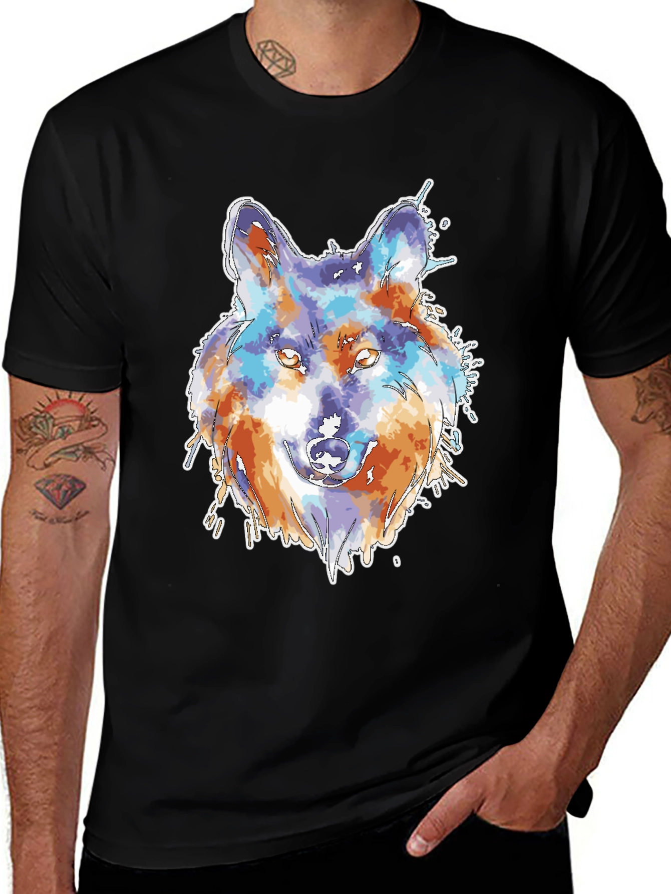 Variant 3 of Wolf Watercolor Graphic Print Black T-Shirt