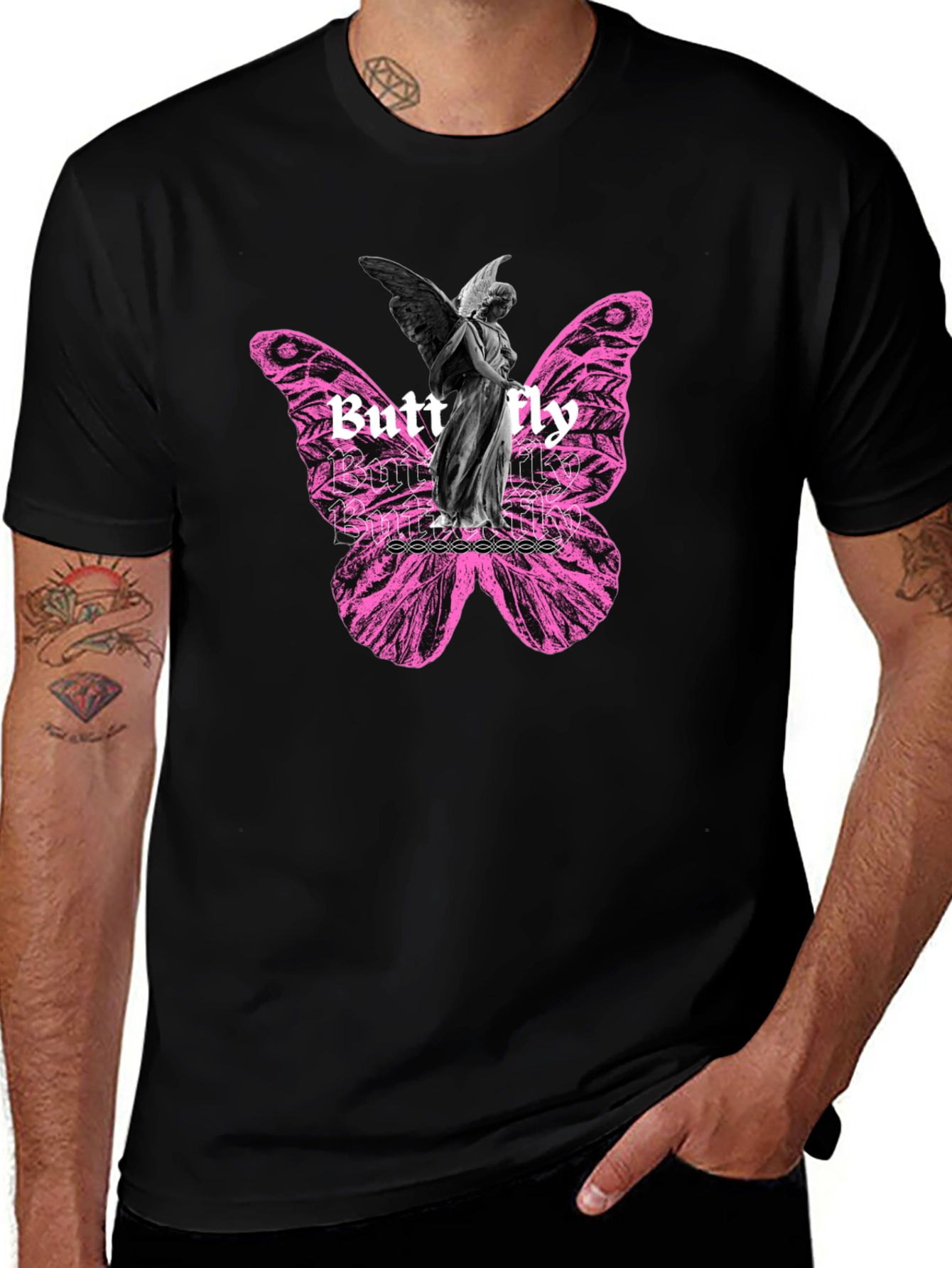Butterfly Angel Graphic Print Black T-Shirt