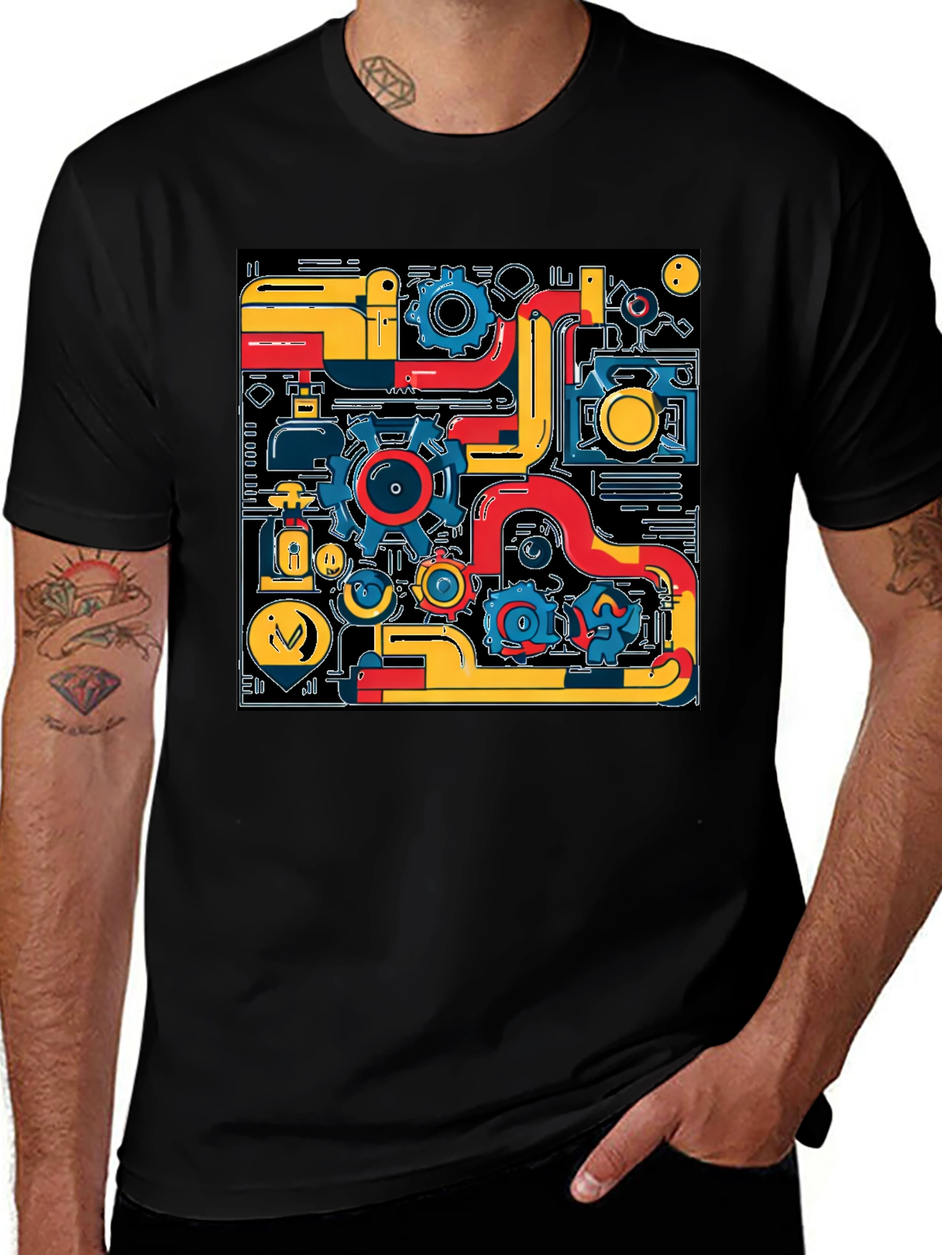 Variant 29 of Abstract Tech Gear Graphic Print Black T-Shirt