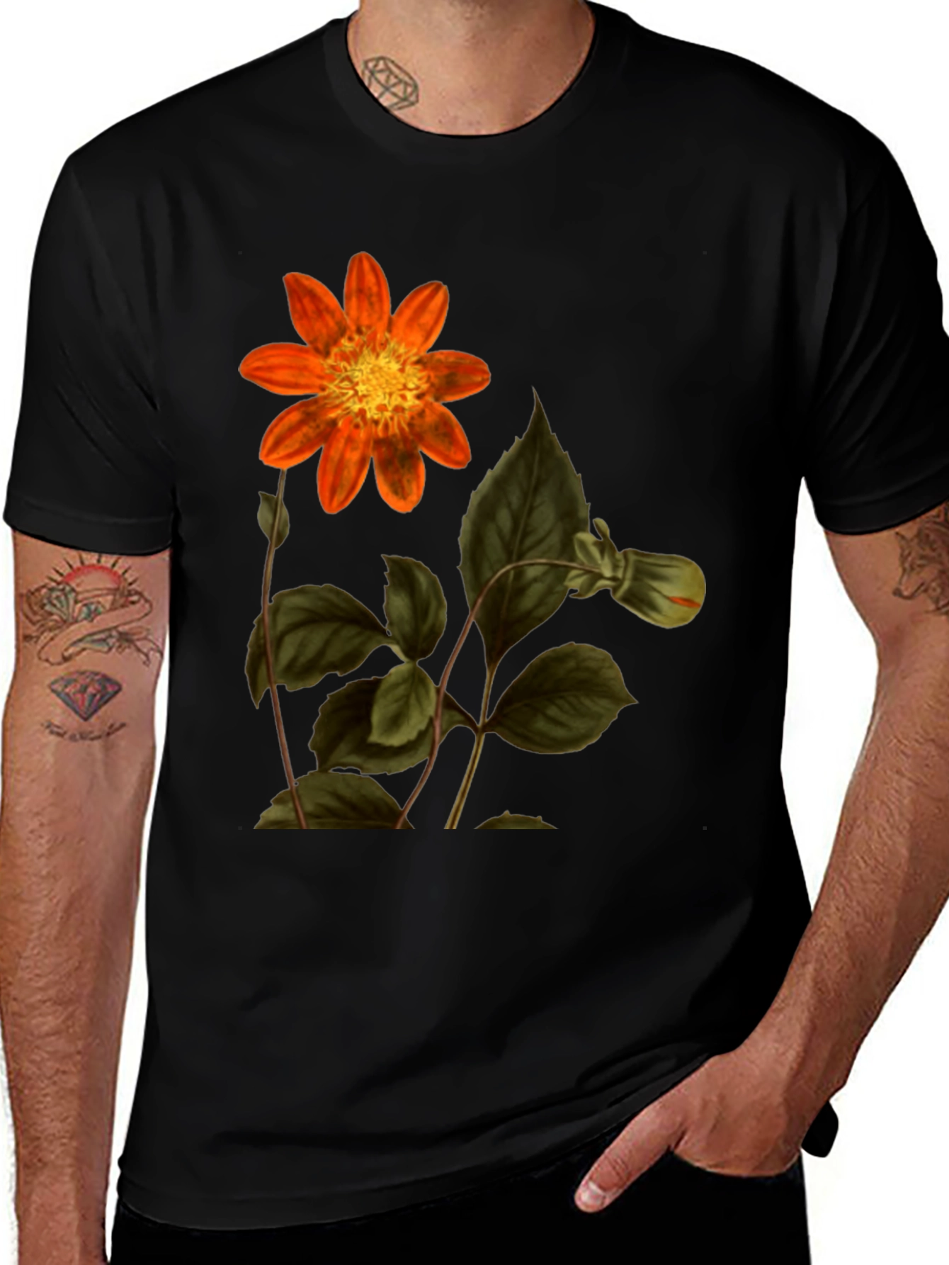 Variant 3 of Botanical Dahlia Print Black T-Shirt