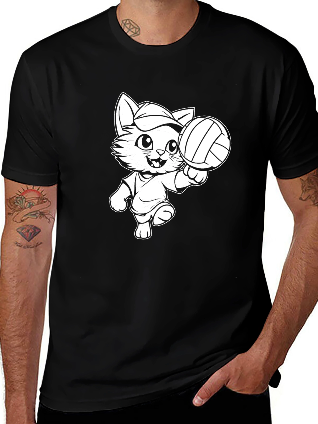 Variant 27 of Cat Volleyball Cartoon Black T-Shirt