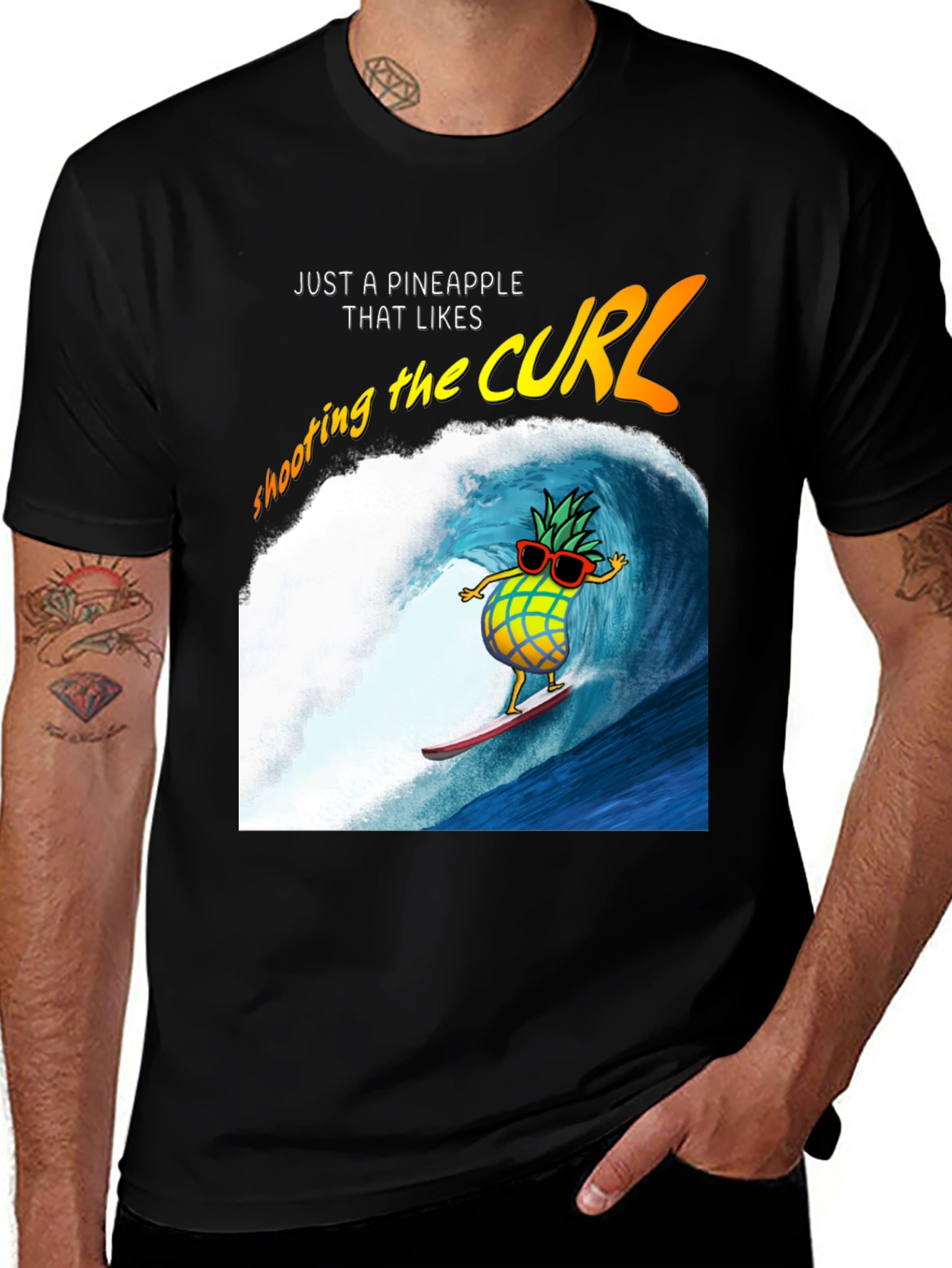 Variant 7 of Surfing Pineapple Graphic Tee - Black Cotton T-Shirt