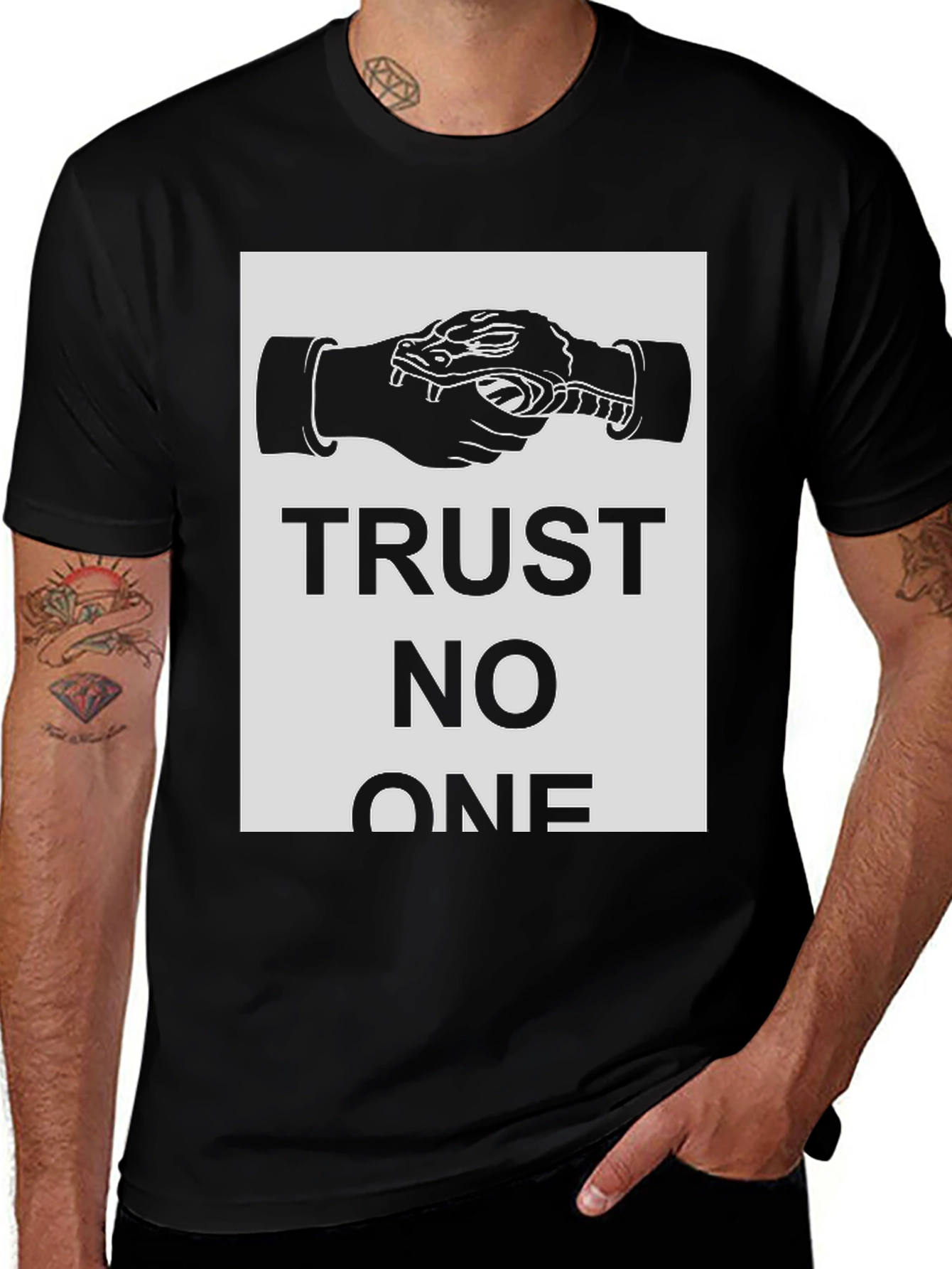 Variant 15 of Trust No One Snake Handshake Graphic Tee