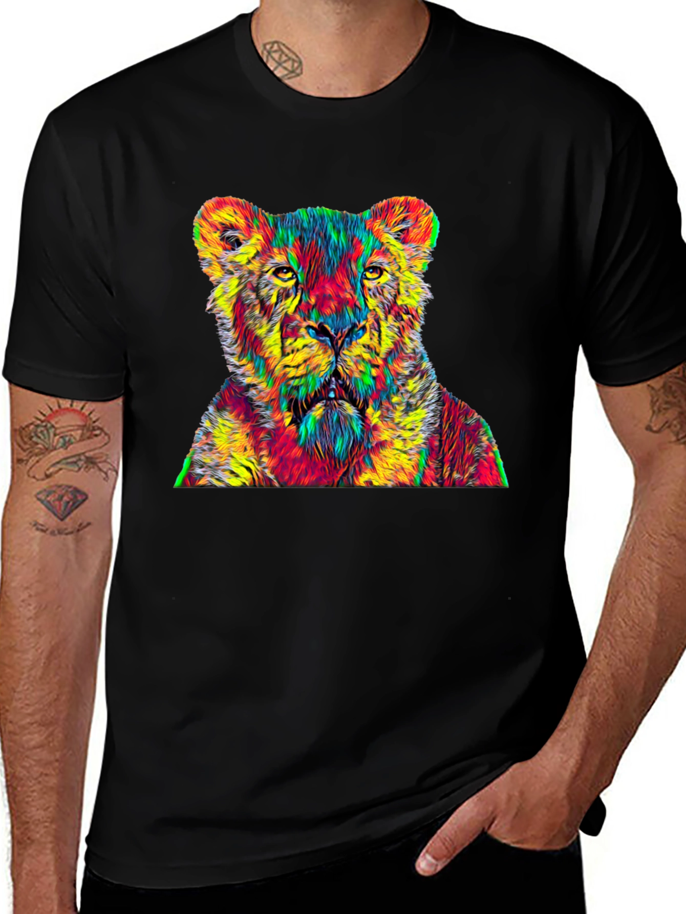 Variant 2 of Colorful Lion Graphic Print Black T-Shirt
