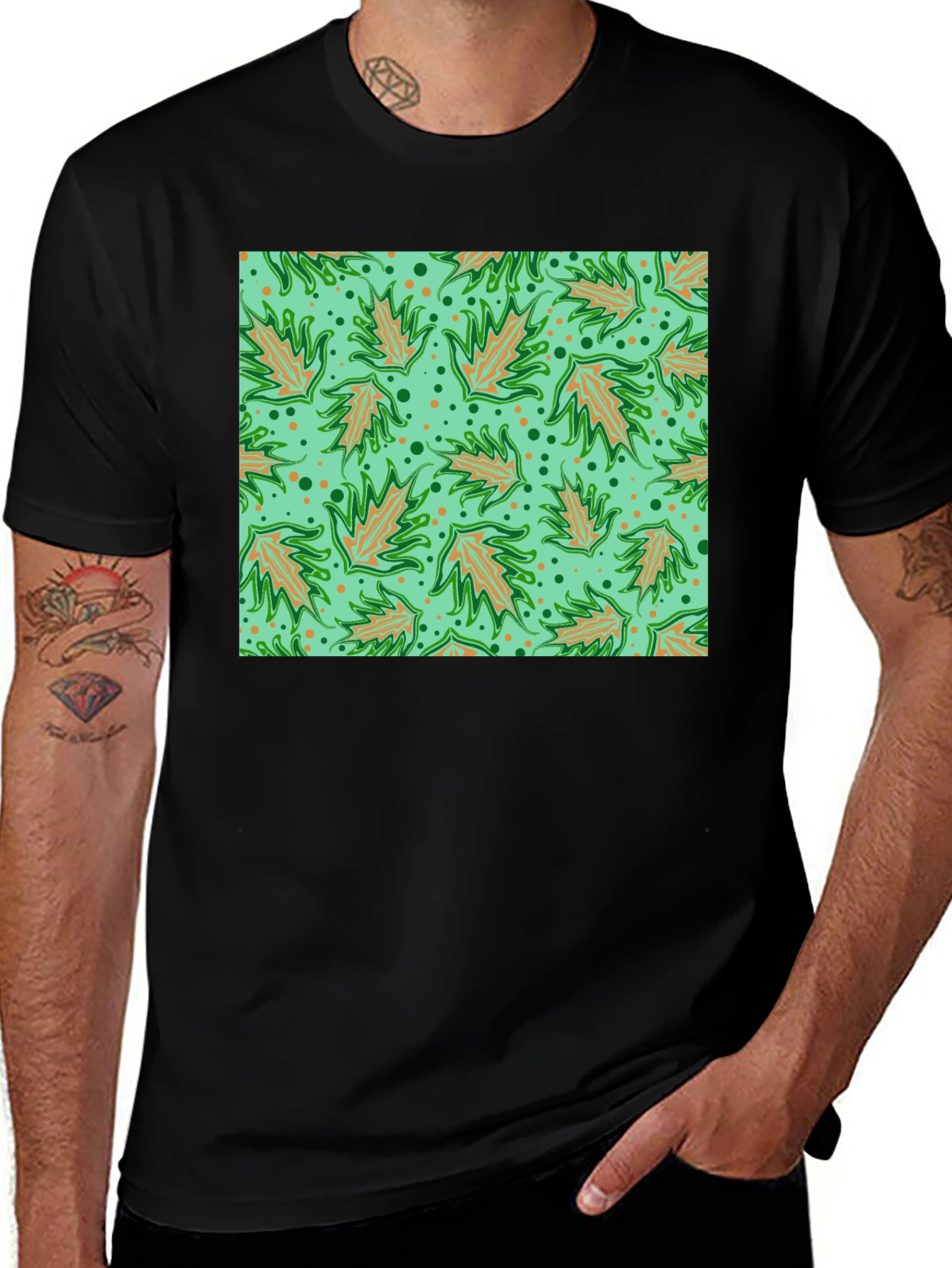 Variant 19 of Abstract Leaf Pattern Black T-Shirt