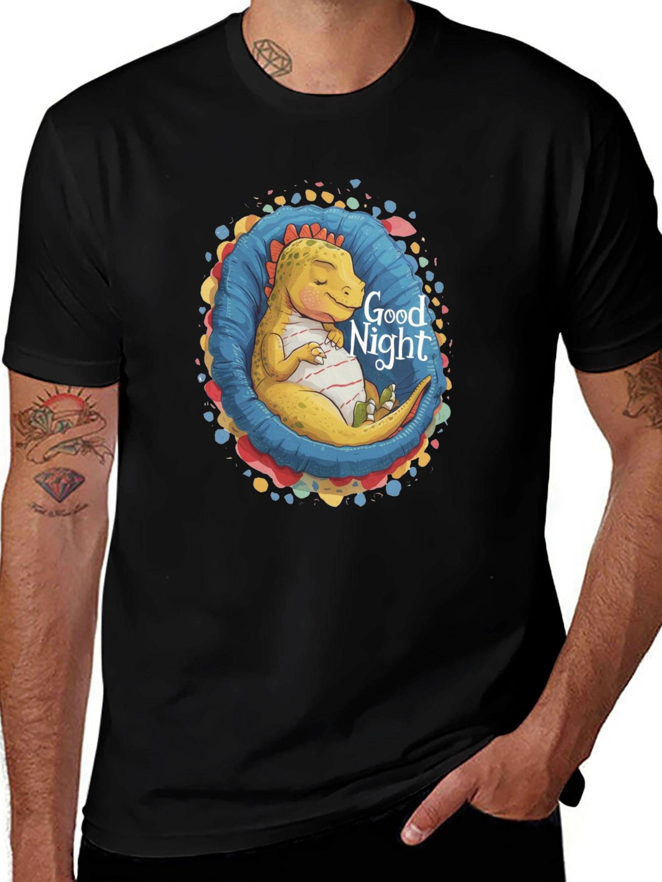 Variant 22 of Cute Sleeping Dinosaur 'Good Night' Black T-Shirt