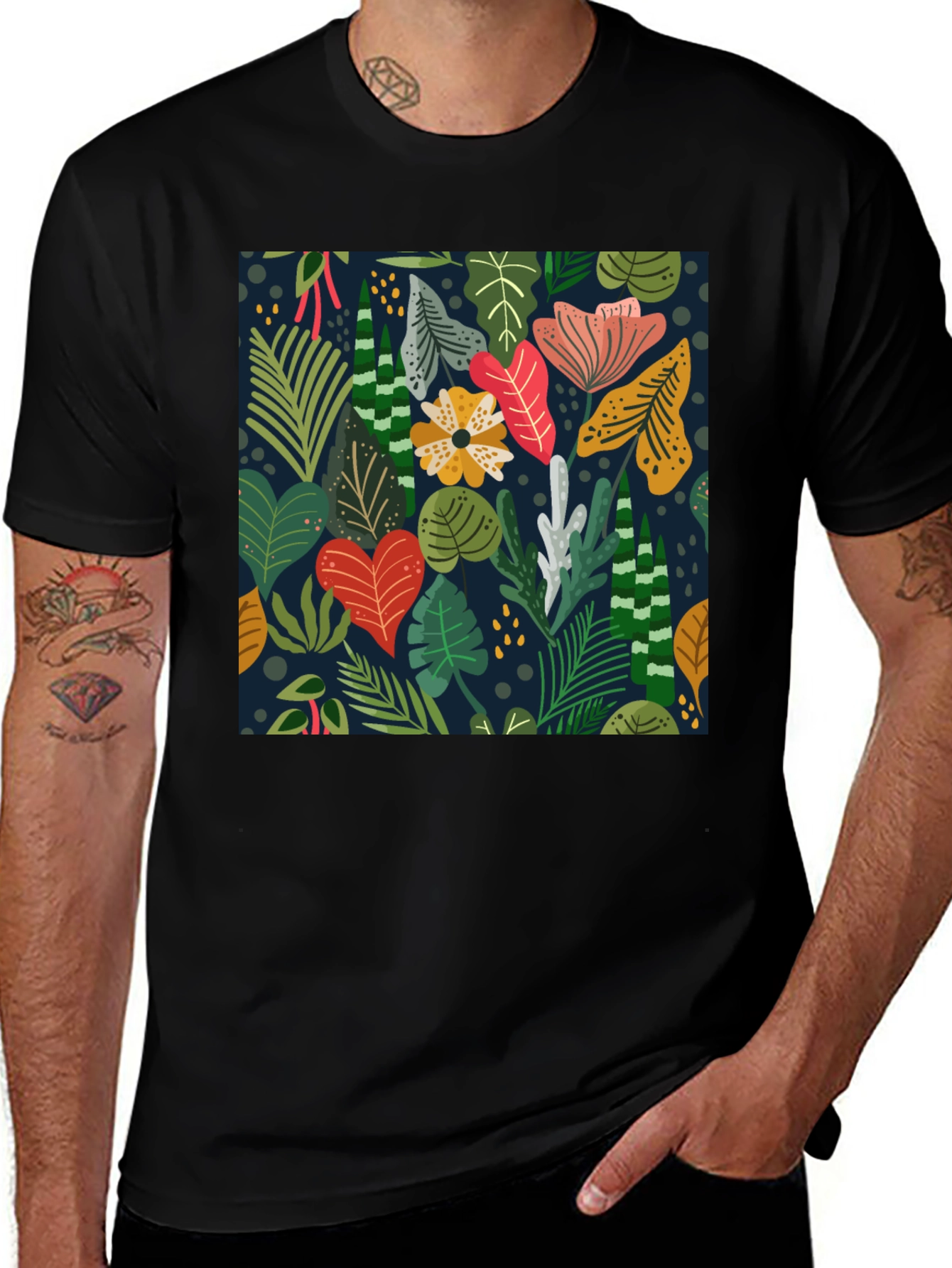 Variant 14 of Tropical Floral Print Black T-Shirt