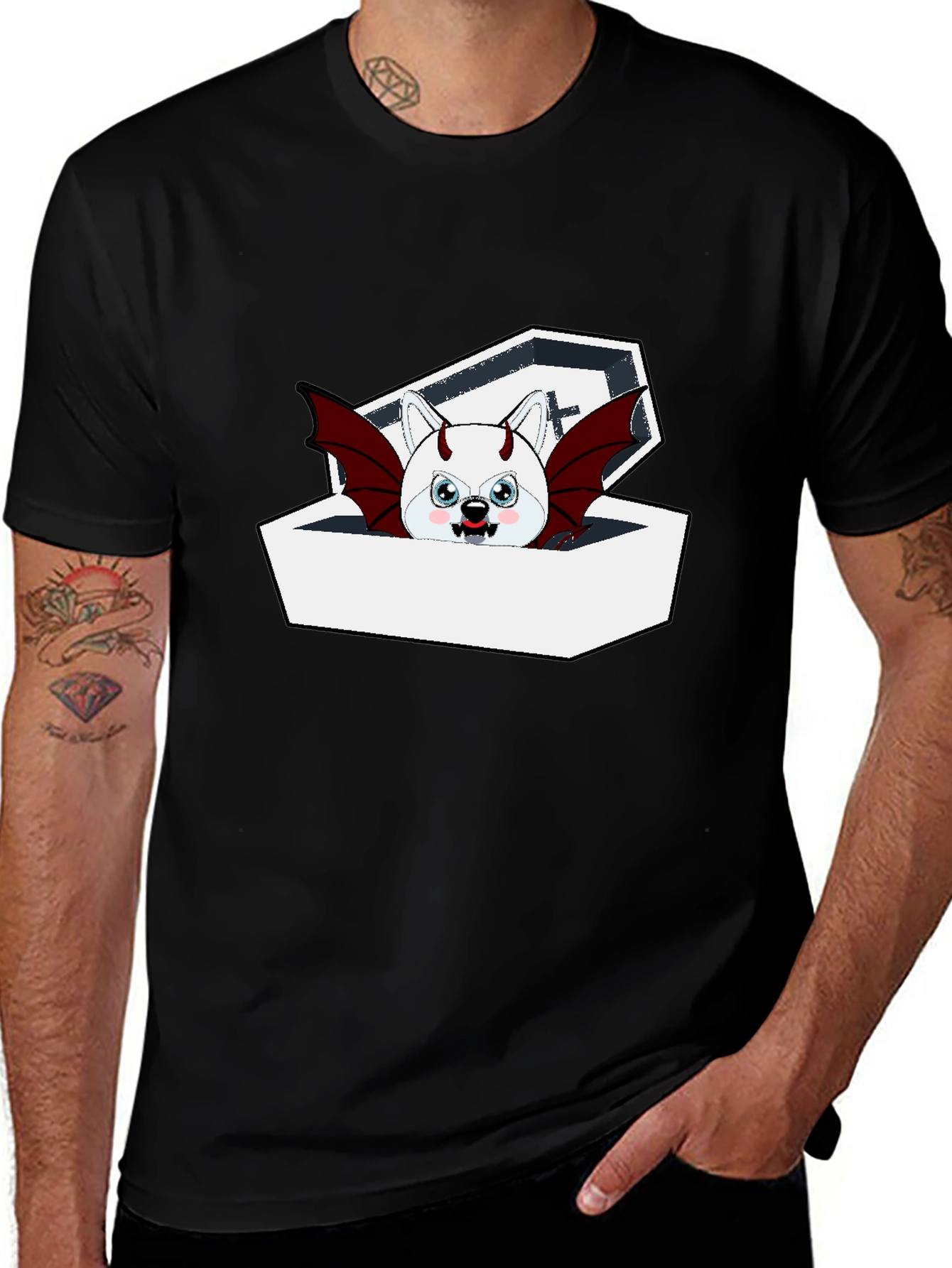Variant 16 of Spooky Cute Bat Dog in Coffin T-Shirt
